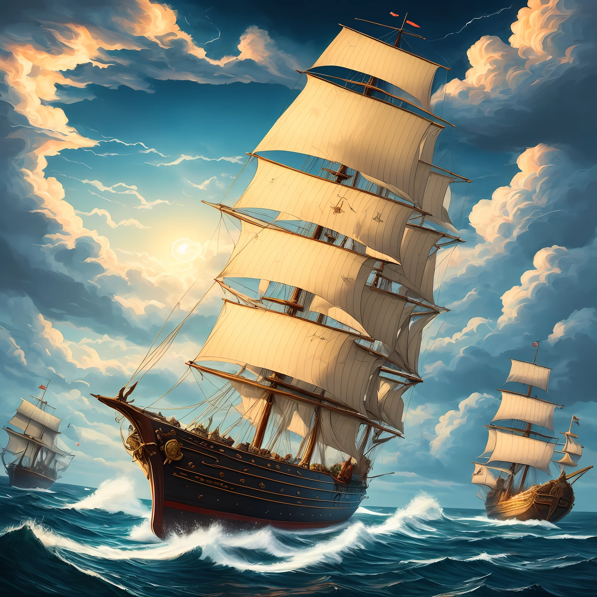 High quality drawing, Beautiful lighting, Golden apple on the map, The Mysterious Island, Ship, Treasure Chest, treasury, Black Breeches, Captain Flint, boarding with a galleon, Deck of the Ship, storm, a pirate, Gold Coin --auto