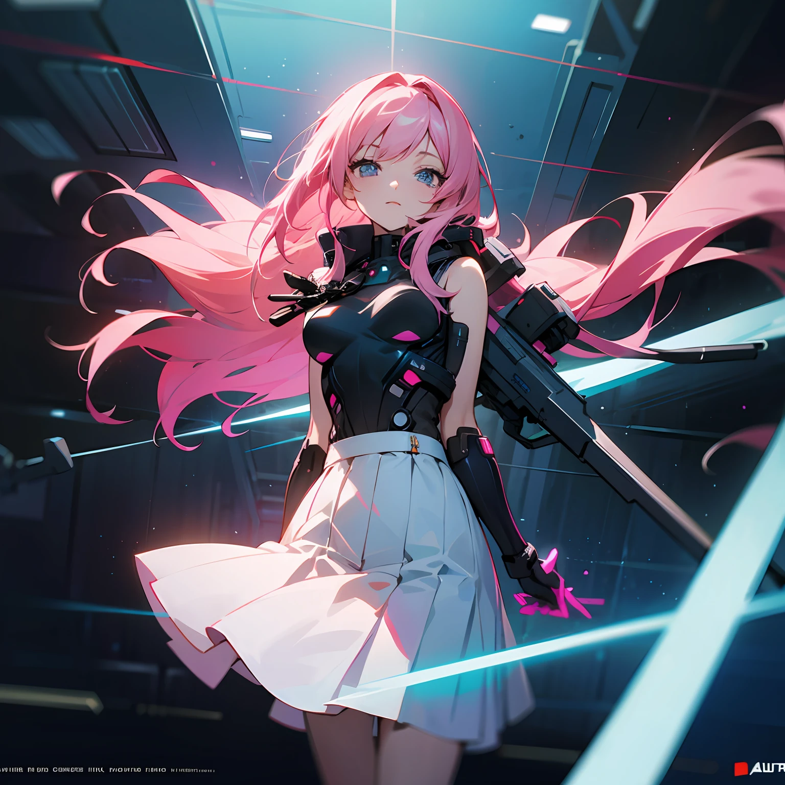 anime illustration, cyberpunked, Digital wind, pink  hair, whiteskirt,  02, . --auto