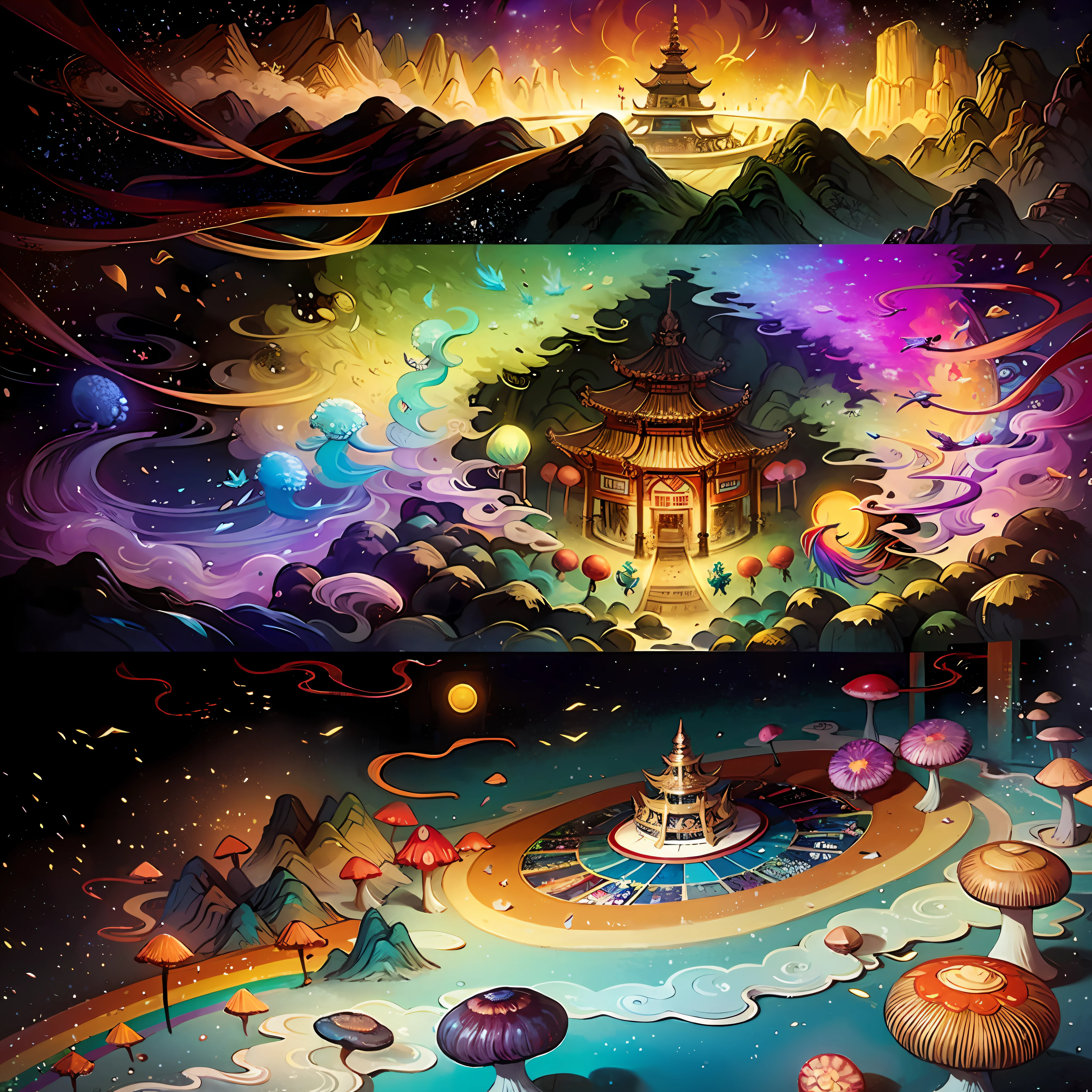 An ancient Chinese painting, ancient Chinese background, mountains, rivers, auspicious clouds, pavilions, sunshine,(psychedelic details),(mushrooms),(rainbow),(trippy),(DMT),(Buddha),intricate details, more details, high details,masterpieces, super detail, epic composition, ultra HD, high quality, extremely detailed, official art, unified 8k wallpaper, Super detail, 32k -- v 6