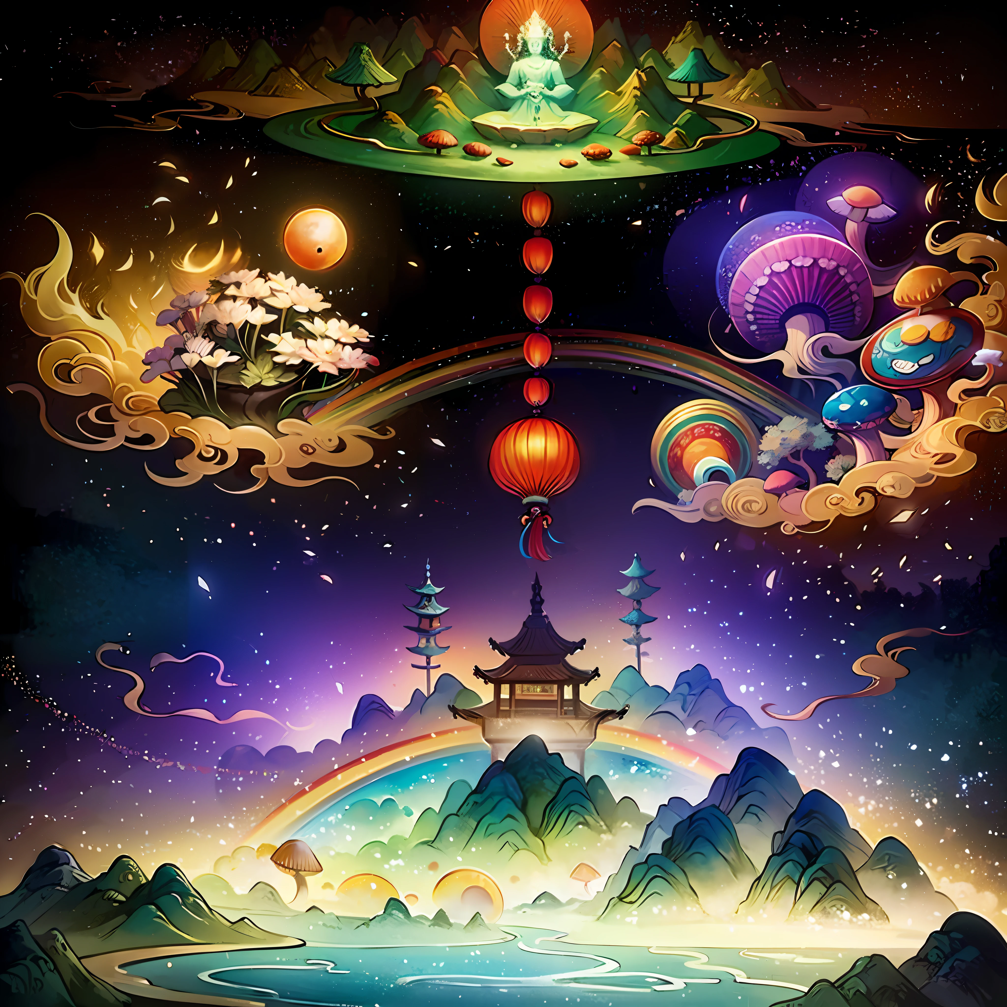 An ancient Chinese painting, ancient Chinese background, mountains, rivers, auspicious clouds, pavilions, sunshine,(psychedelic details),(mushrooms),(rainbow),(trippy),(DMT),(Buddha),intricate details, more details, high details,masterpieces, super detail, epic composition, ultra HD, high quality, extremely detailed, official art, unified 8k wallpaper, Super detail, 32k -- v 6
