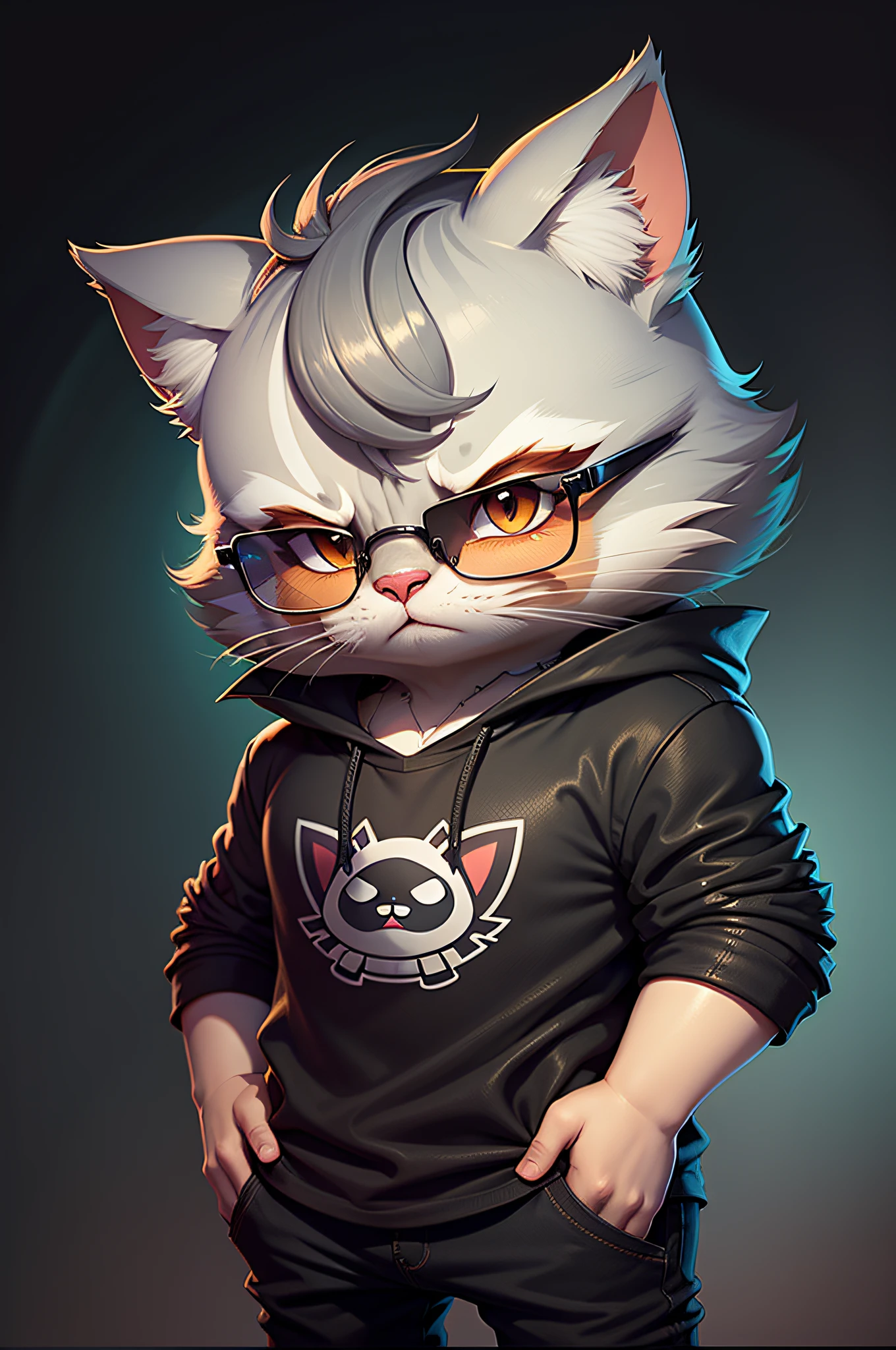 c4tt4stic, a cartoon cat wearing a BLACK shirt and sunglasses, OF LEÇO IN THE HEAD