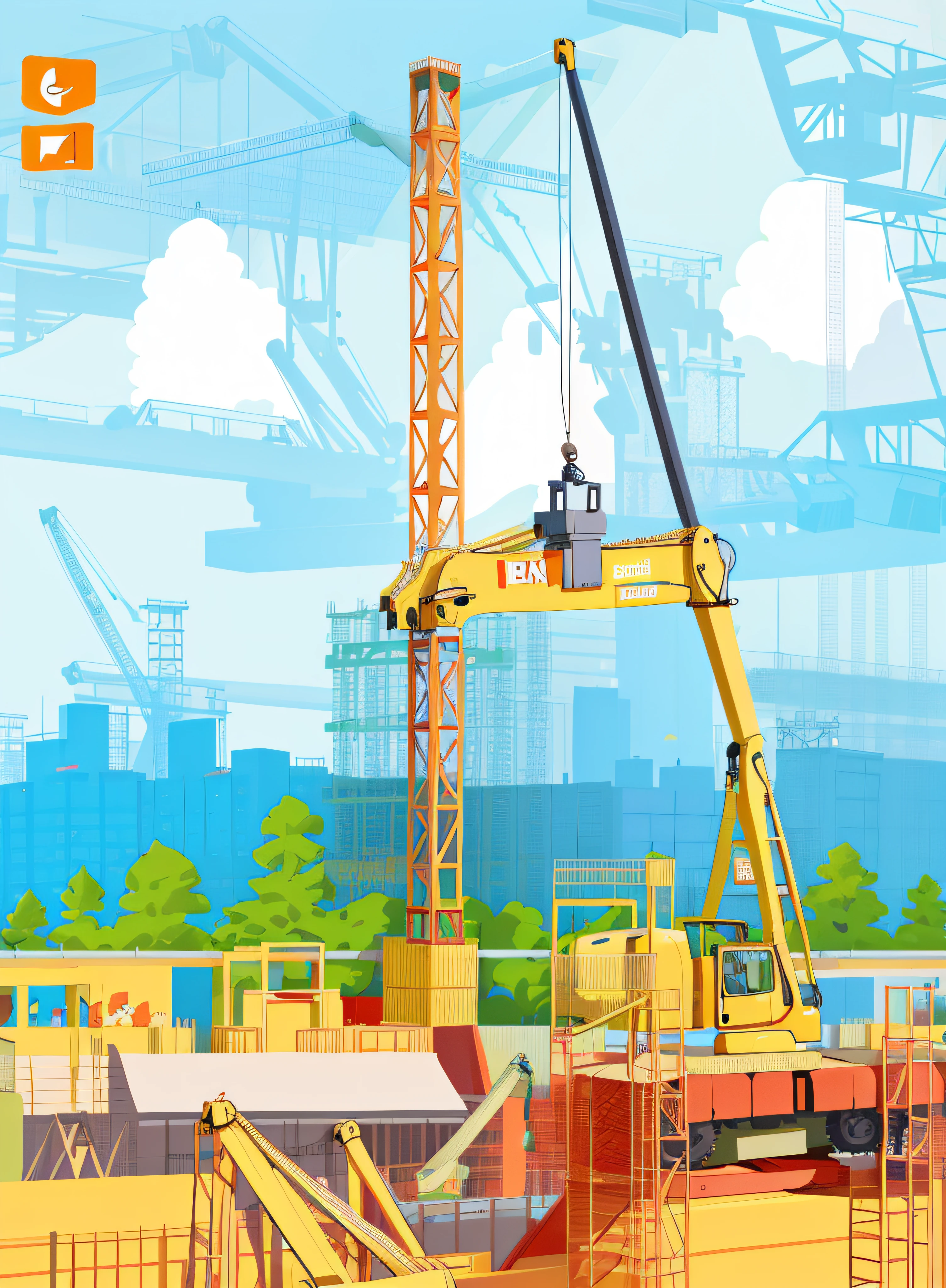 construction site with crane and construction equipment, Construction site, Flat illustration, civil engineer, construction yard, construction, a cartoon illustration, professional illustrations, best on adobe stock, robot in construction, accurate illustration, bright construction materials, high quality illustration, stock illustration, Detailed illustration, Accurate depiction, Highly detailed illustration, Under construction, very detailed illustration, Vector illustration