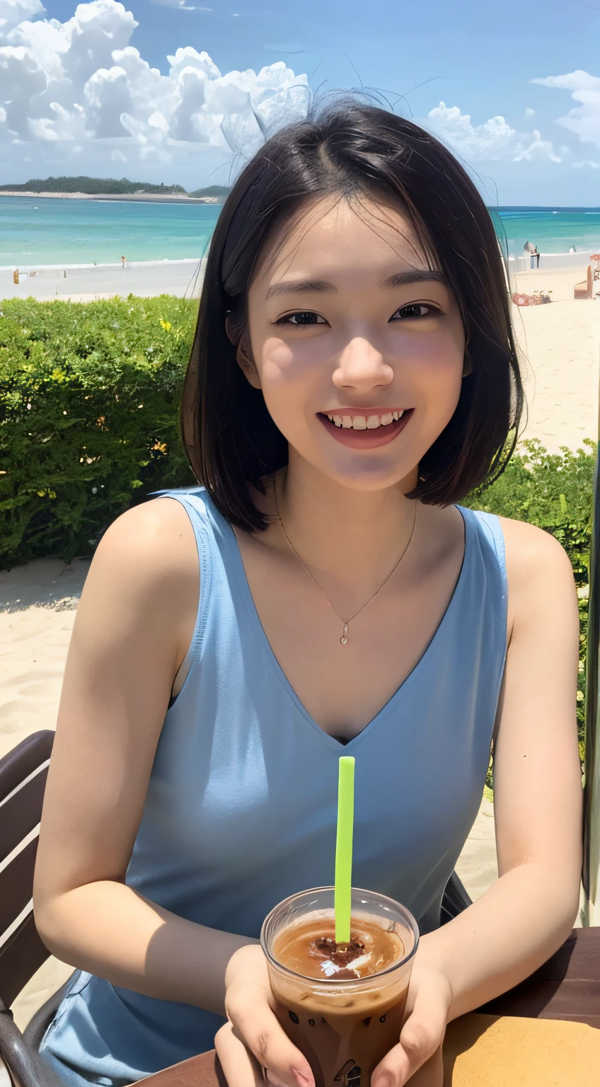 ((beste-Qualit、a masterpiece of:1.3))、foco nítido:1.2、(realisitic、a photorealistic:1.37)、perfect beautiful female、Highly detailed facial and skin texture、Detailed eyes and double eyelids、ssmile、short cut hair、small busts、Small necklace、White sleeveless shirt、Strong sunshine、Beach terrace、iced coffee、Summer sea and sky、