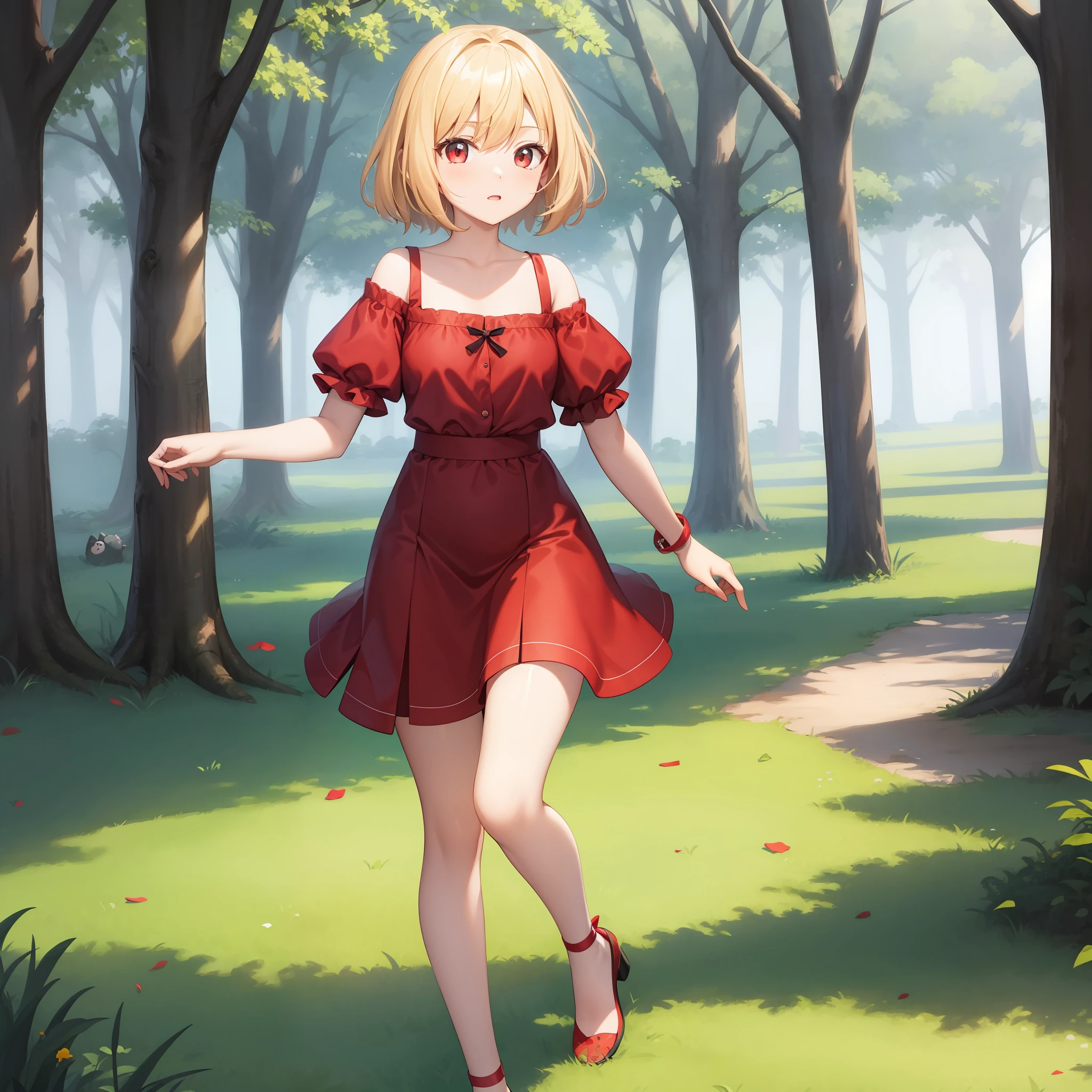 animated cartoon、Blonde and red-eyed girl、Red fluffy clothes、in woods