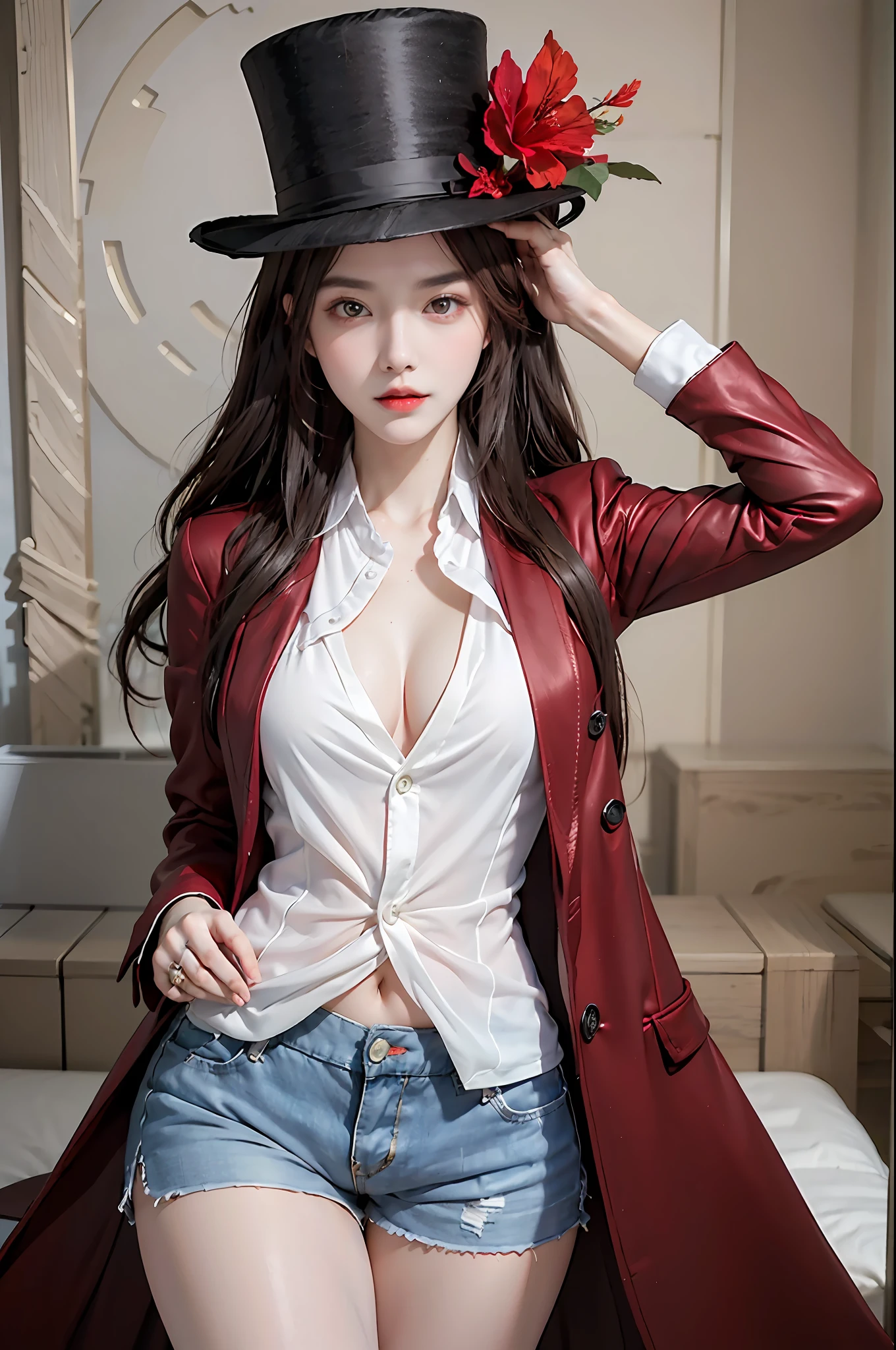 photorealistic, high resolution, 1 girl, hips up, long hair, beautiful eyes,hat_flower, top hat, brown_hair, closed_mouth, hibiscus, red_rose, spider_lily, bangs, brown dress coat, button coat, shorts, thick thighs, hu tao \(genshin impact\