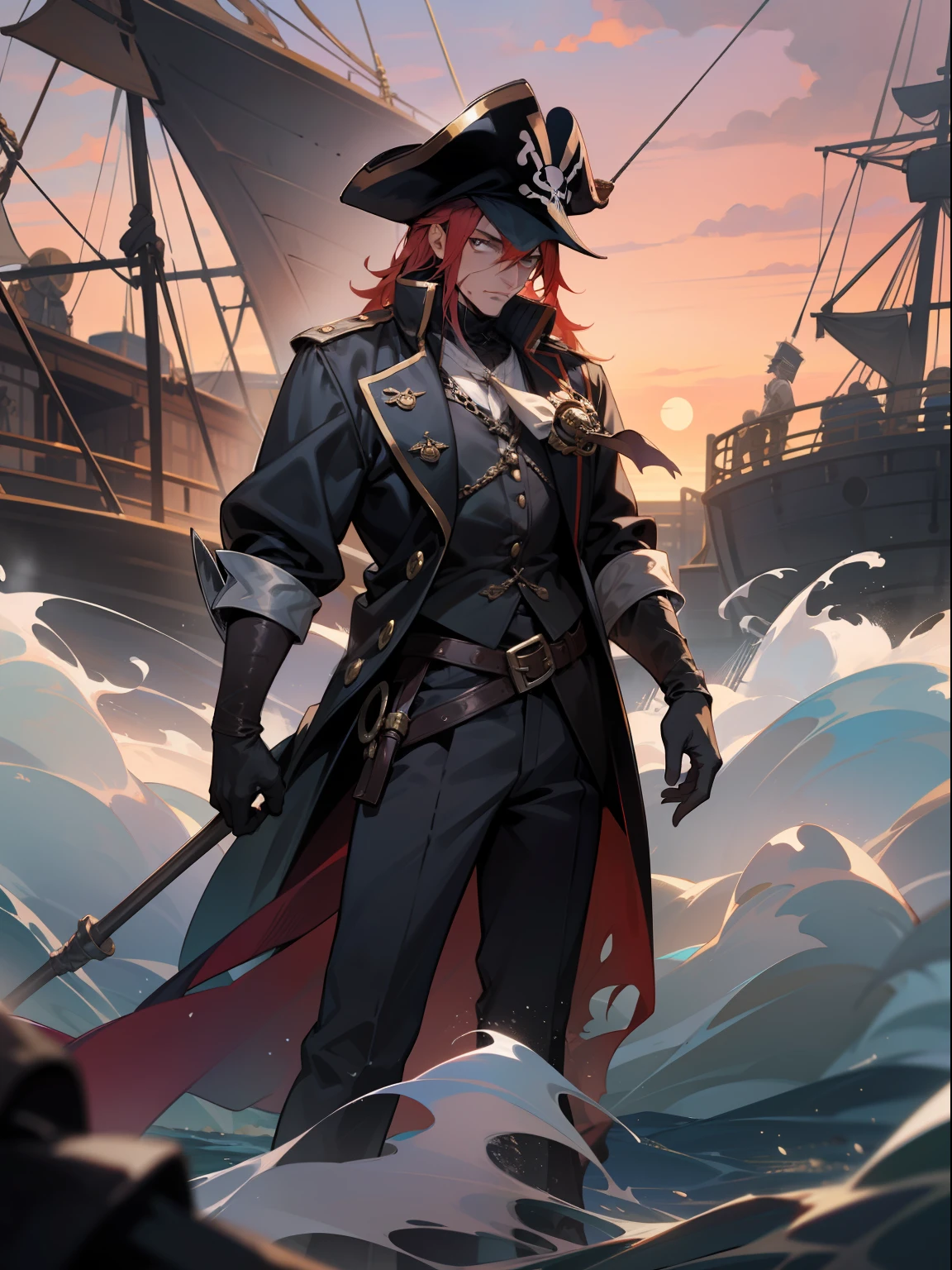 a man he is a pirate in the medieval era a villain of the seas treacherous wearing dark costumes of black and dirty color and behind the man a pirate ship on the horizon on the high seas with a sunset on the horizon this man wears black clothes is a sailor pirate a criminal villain he is an RPG character