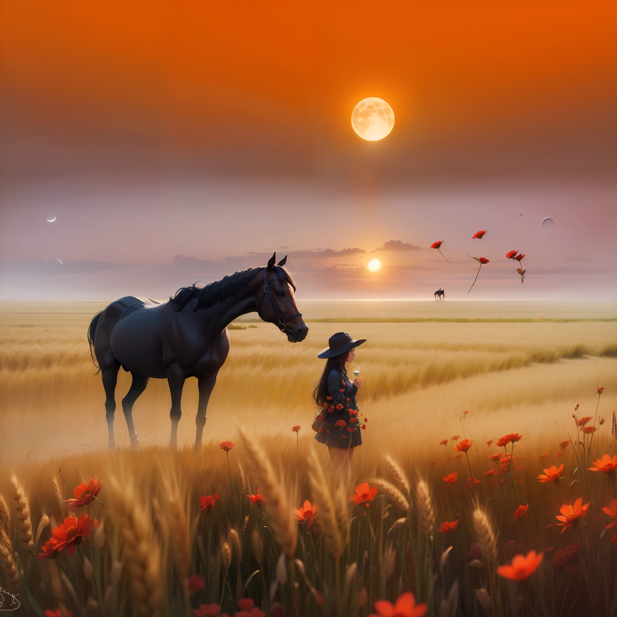 A girl in a field of wheat with small red flowers with a horse and a moon of the sun setting in the sea --auto