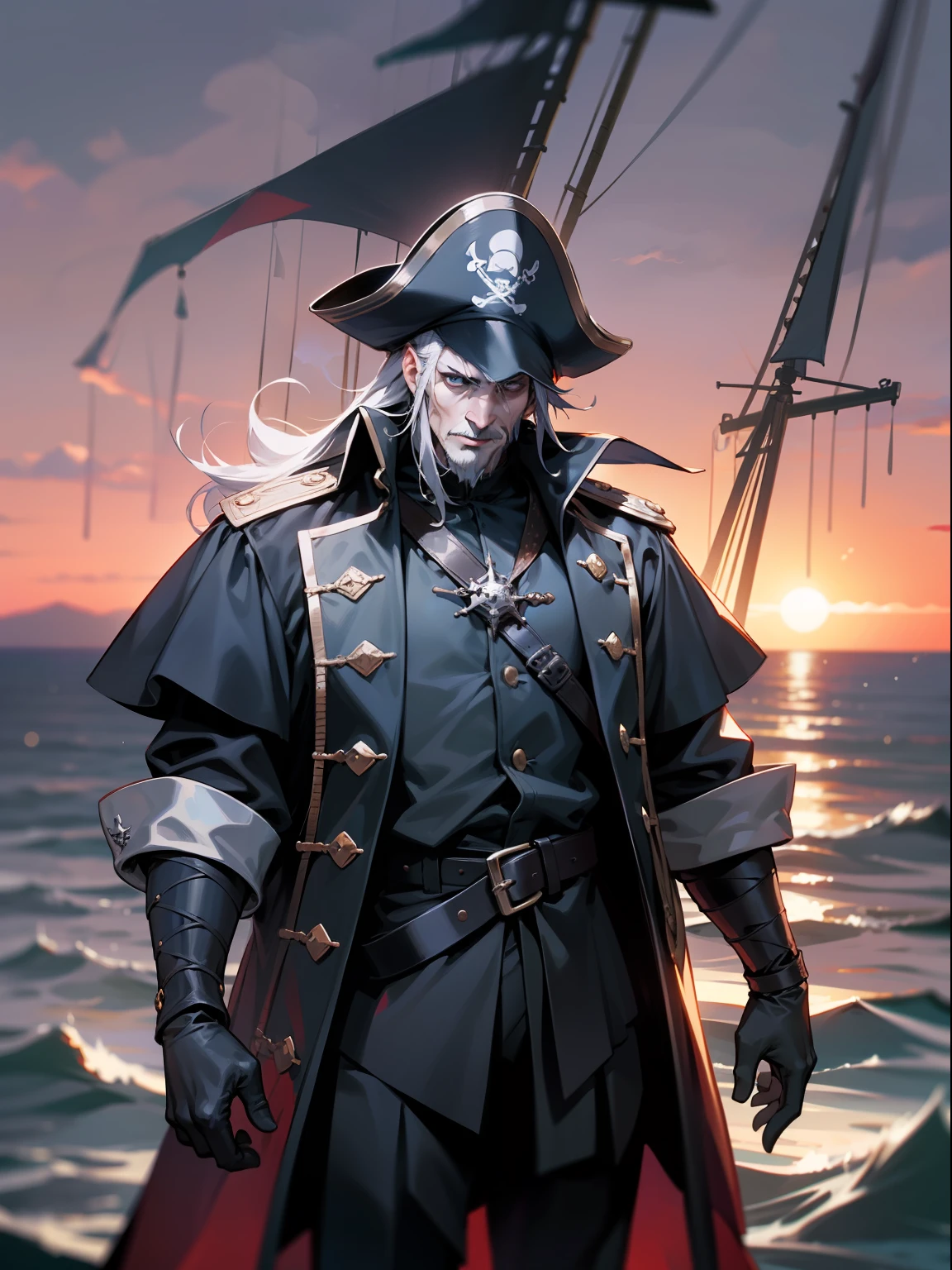 a man he is a pirate in the medieval era a villain of the seas treacherous wearing dark costumes of black and dirty color and behind the man a pirate ship on the horizon on the high seas with a sunset on the horizon this man wears black clothes is a sailor pirate a criminal villain he is an RPG character