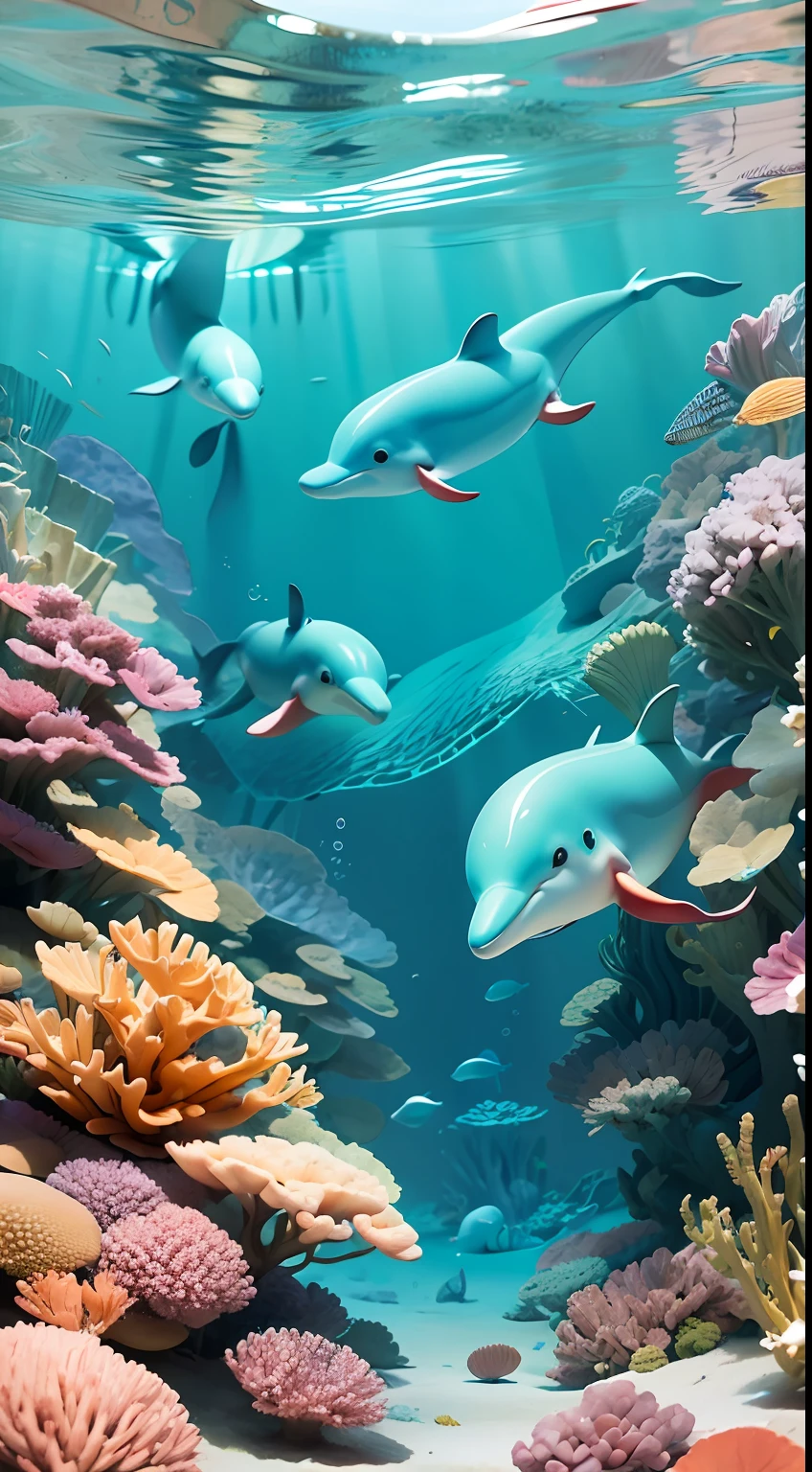 Imagine a cartoon-style underwater scene,A playful family of dolphins swim among colorful corals. The wide-angle perspective captures this joyful marine moment. Ultra Realistic Detail. Artist: Alessandra Sanguinetti --ar 1:1 --style expressive --s 400 --niji 5