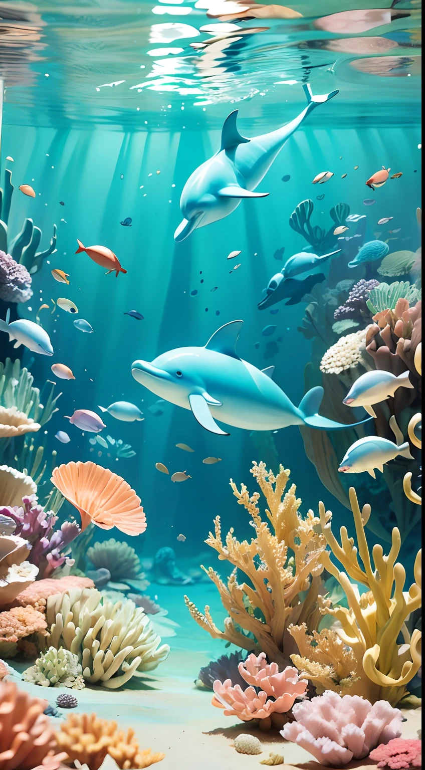 Picture a cartoon style underwater scene with a playful dolphin family swimming amongst colorful corals. The wide-angle perspective captures this joyful marine moment. Hyper realistic details. Artist: Alessandra Sanguinetti --ar 1:1 --style expressive --s 400 --niji 5