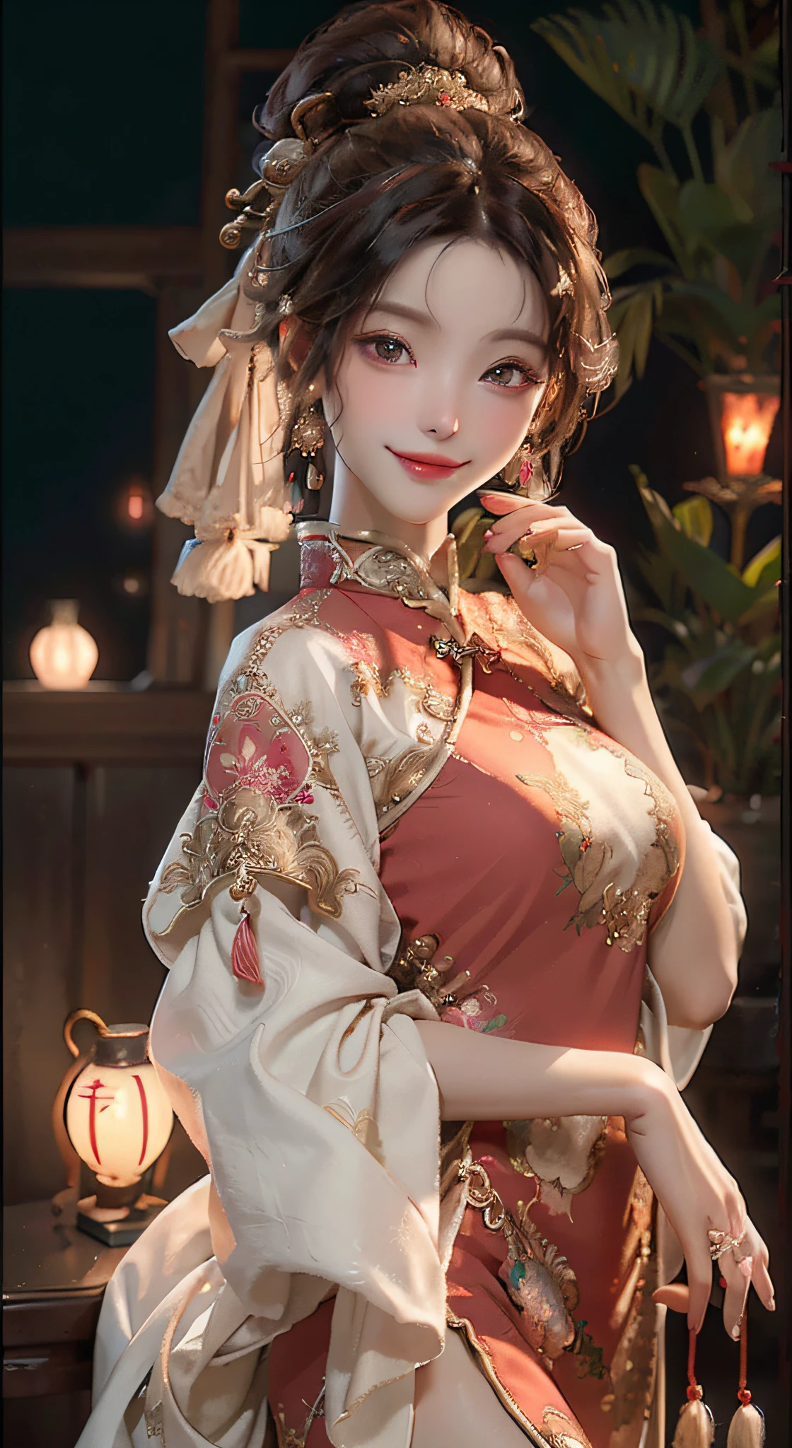 Best, masterpiece, upper body, night, full moon, 1 female, mature woman, Chinese style, ancient porcelain, older sister, royal sister, smile, black hair, high ponytail, curly hair, hairpin, light pink lips, calm, intellectual, brown eyes, tassels , Gold Thread, Beads, Armor, Shroud Silk Dress, Delicate Face, Facial Closeup, Hands Closeup, Red Dress, Beautiful Face, Realistic, Rim Lighting, Duotone Lighting, (High Detail Skin: 1.2), 8k uhd, dslr, soft light, high quality, volumetric light, photo, high resolution, 4k, 8k, bokeh