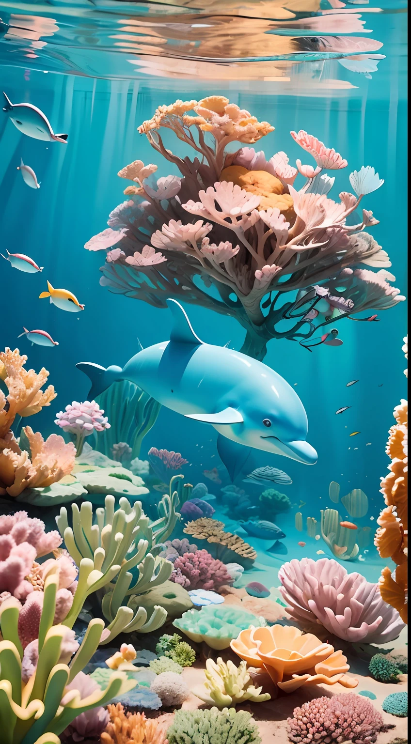 Picture a cartoon style underwater scene with a playful dolphin family swimming amongst colorful corals. The wide-angle perspective captures this joyful marine moment. Hyper realistic details. Artist: Alessandra Sanguinetti  --ar 1:1 --style expressive --s 400 --niji 5