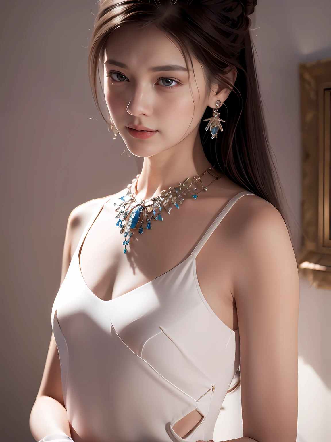 jewelry, solo, earrings, necklace, brunette hair, smile, single bun, (formal:1.6), reality, bun, bracelet, grin, ulzzang-6500v1.1, (original: 1.2), (reality: 1.3) , beautiful girl with beautiful details, extremely detailed eyes and face, eyes with beautiful details, ridiculous, incredibly ridiculous, huge file size, ultra detail, high resolution, super detailed, best quality, masterpiece, Illustrations, super detailed and beautiful, super detailed, CG, unity, 8k wallpaper, amazing, fine details, masterpiece, top quality, extremely detailed CG Unity 8k wallpaper, cinematic lights, (perfect shiny skin: 0.6), slender and smooth lines, (floating), (small breasts: 1), earrings, panorama, with two sides facing each other, golden wings