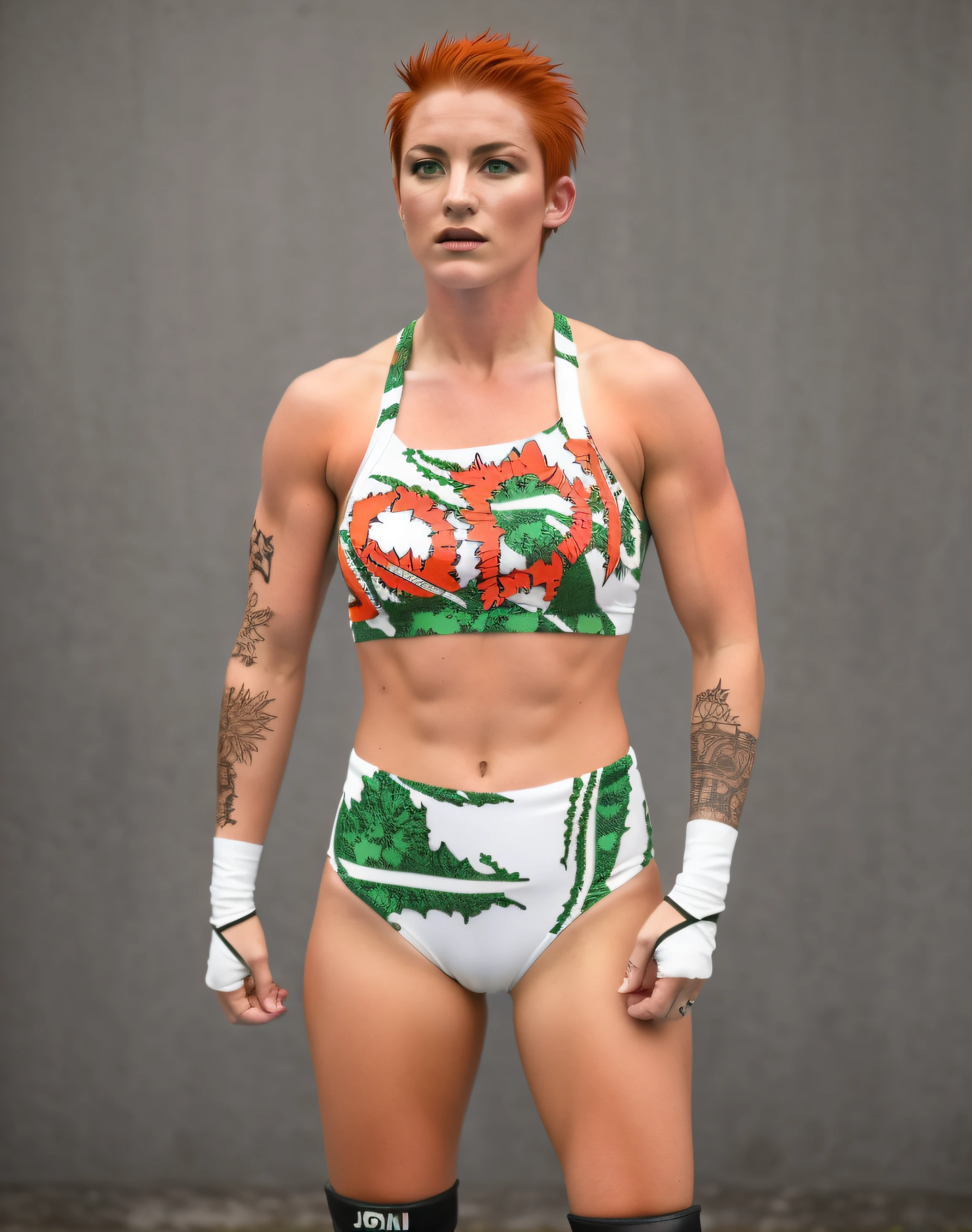 Irish female wrestler with short Orange hair, in green white and red grungy patterned sports bra that says "JODI", green and white grungy patterned high cut trunks, white hand-wraps, black knee-pads, card based tattoos on both arms, photo realistic, intricate details
