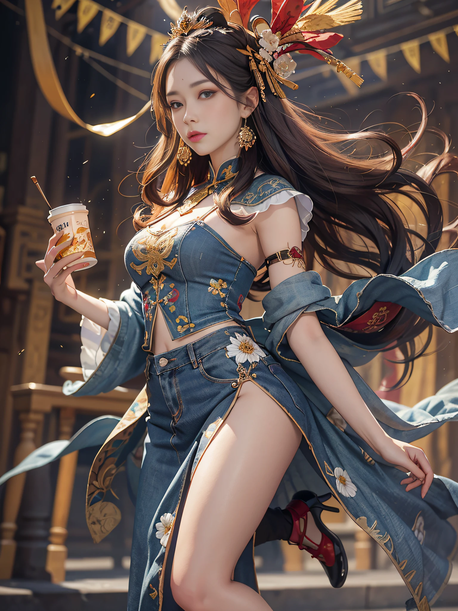 Best Quality, Masterpiece, Ultra-Detailed High Resolution, (Realistic: 1.4), Original Photo, , Illustration, 1 Girl, Handheld Weapon, (Solo Exhibition: 1.2), (Denim Lens: 1.2), (Hair Crown: 1.2), Chinese Dunhuang Traditional Costume, No Straps, (Red Eyeliner: 1.2), (Black Eyes: 1.4), Earrings, Dynamic Angle, Opera House, messy_long_hair, Ink, Movie Lights, lens_flare, Velvet, Chrysanthemum, Tassels, Ribbon, colorful embroidery, upper body, facing the camera, dynamic pose, large chest, embroidered cloth shoes
