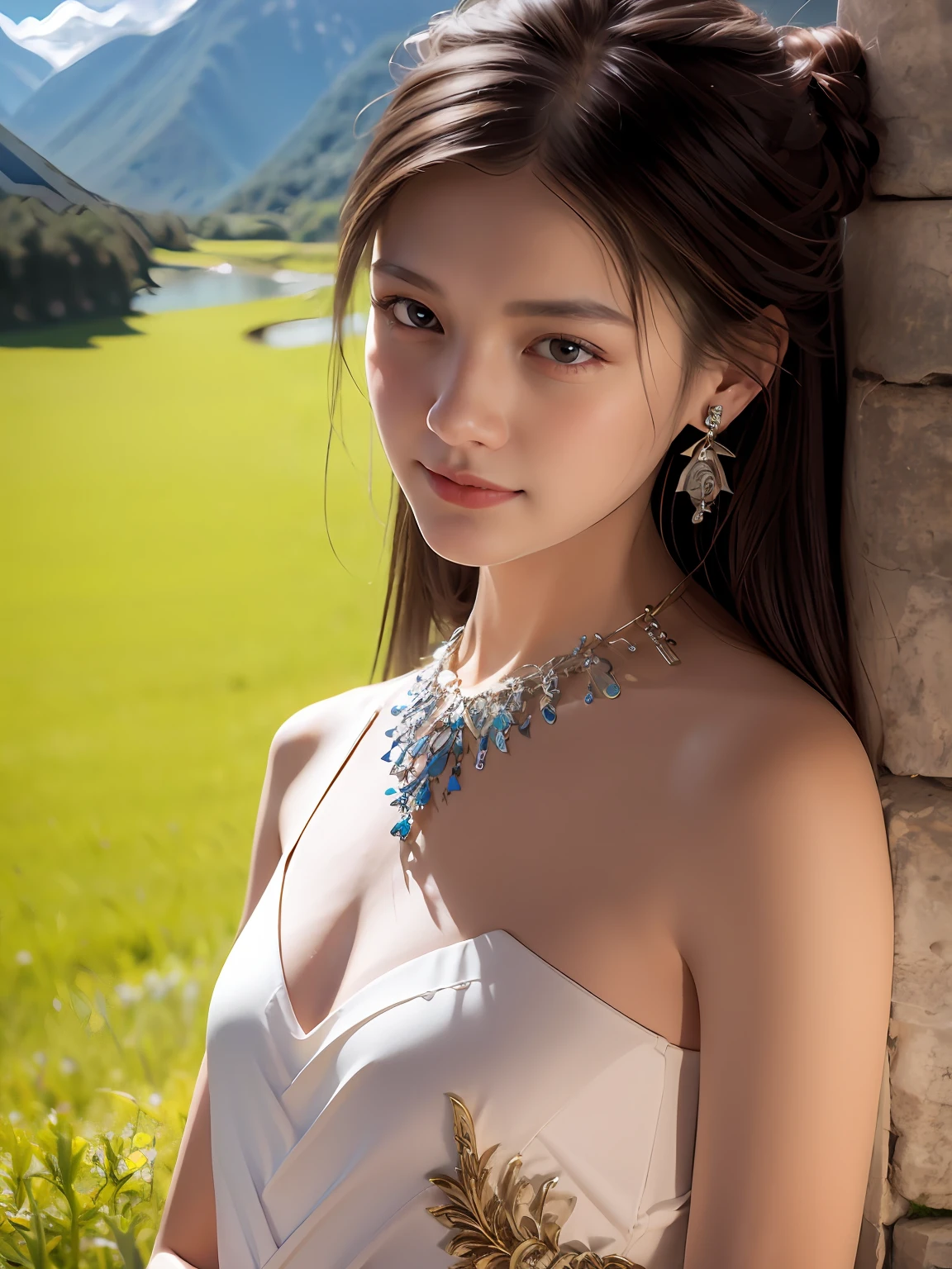 jewelry, solo, earrings, necklace, brunette hair, smile, single bun, (formal:1.6), reality, bun, bracelet, grin, ulzzang-6500v1.1, (original: 1.2), (reality: 1.3) , beautiful girl with beautiful details, extremely detailed eyes and face, eyes with beautiful details, ridiculous, incredibly ridiculous, huge file size, ultra detail, high resolution, super detailed, best quality, masterpiece, Illustrations, super detailed and beautiful, super detailed, CG, unity, 8k wallpaper, amazing, fine details, masterpiece, top quality, extremely detailed CG Unity 8k wallpaper, cinematic lights, (perfect shiny skin: 0.6), slender and smooth lines, (floating), (small breasts: 1), earrings, panorama, with two sides facing each other, golden wings