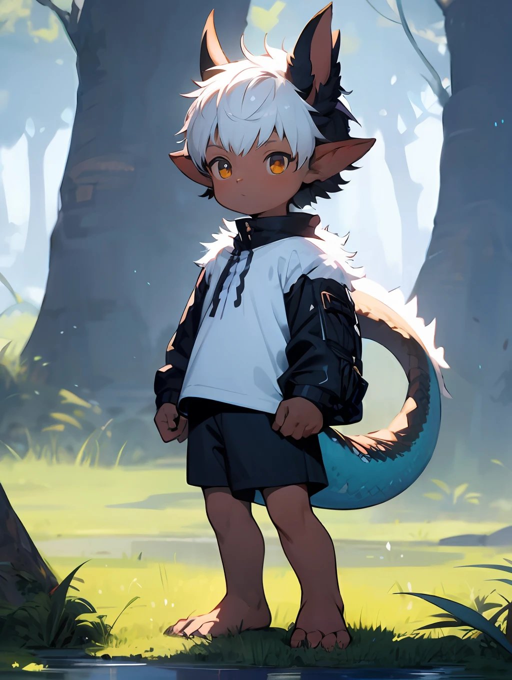 Anime - style image of a  standing on grass in front of the forest, concept art by Shitao, Pisif, Furry art，trending on artstation pixiv, Guviz-style artwork, lalafell, Guviz, Guweiz on ArtStation Pixiv, young male anthro dragon，White fur，White hair，Close-up photos，（Slightly fat）