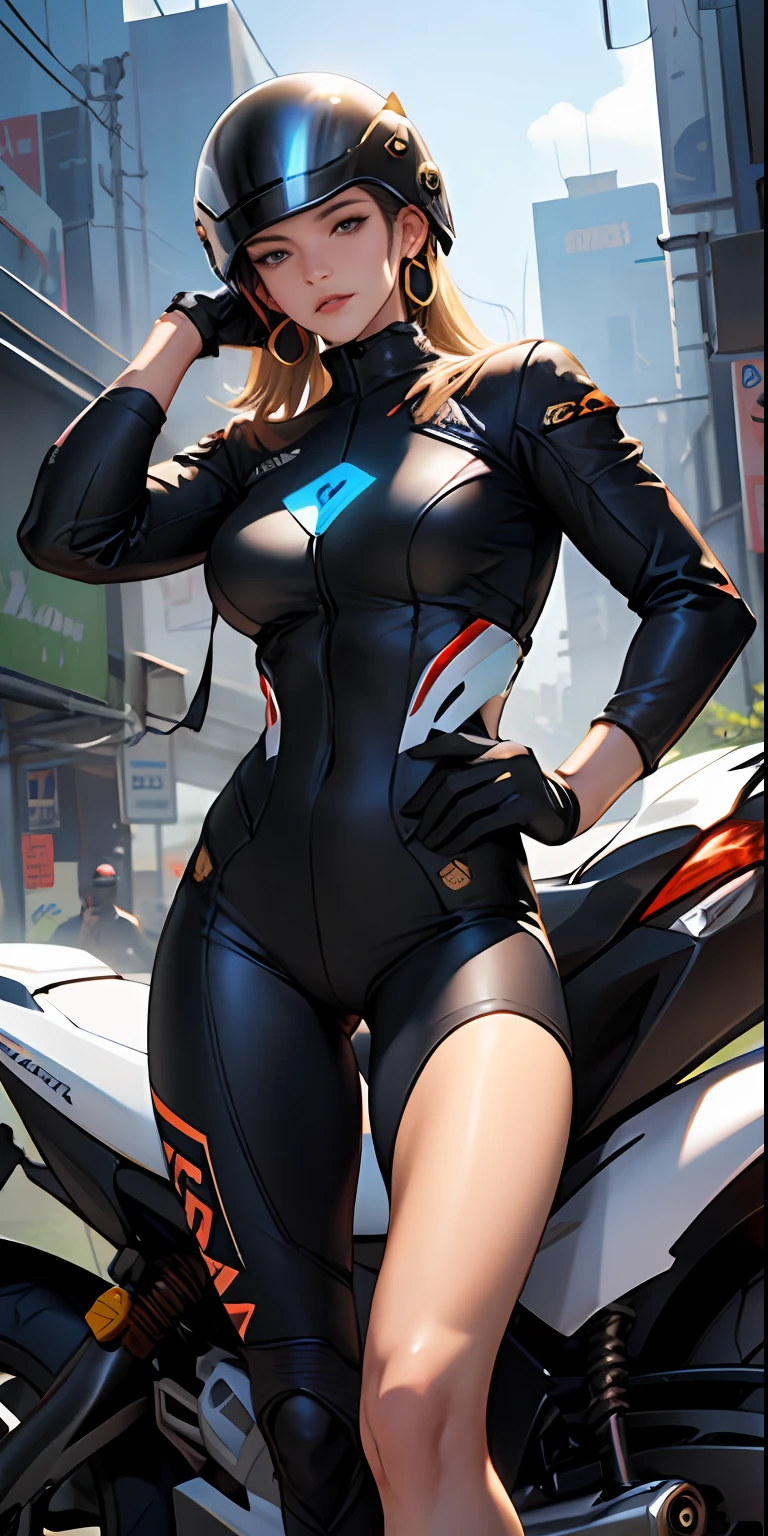 a masterpiece of、Top image quality、One beautiful woman、Rider Suit、Motorcycles of the future、helmets、legs slightly open、Detailed facial expressions、Detailed eye、Detailed nose、Detailed lips、hugetits、Female proportions considered everywhere、Cyber City、Large circular earrings、hugetits、Emphasize the valley