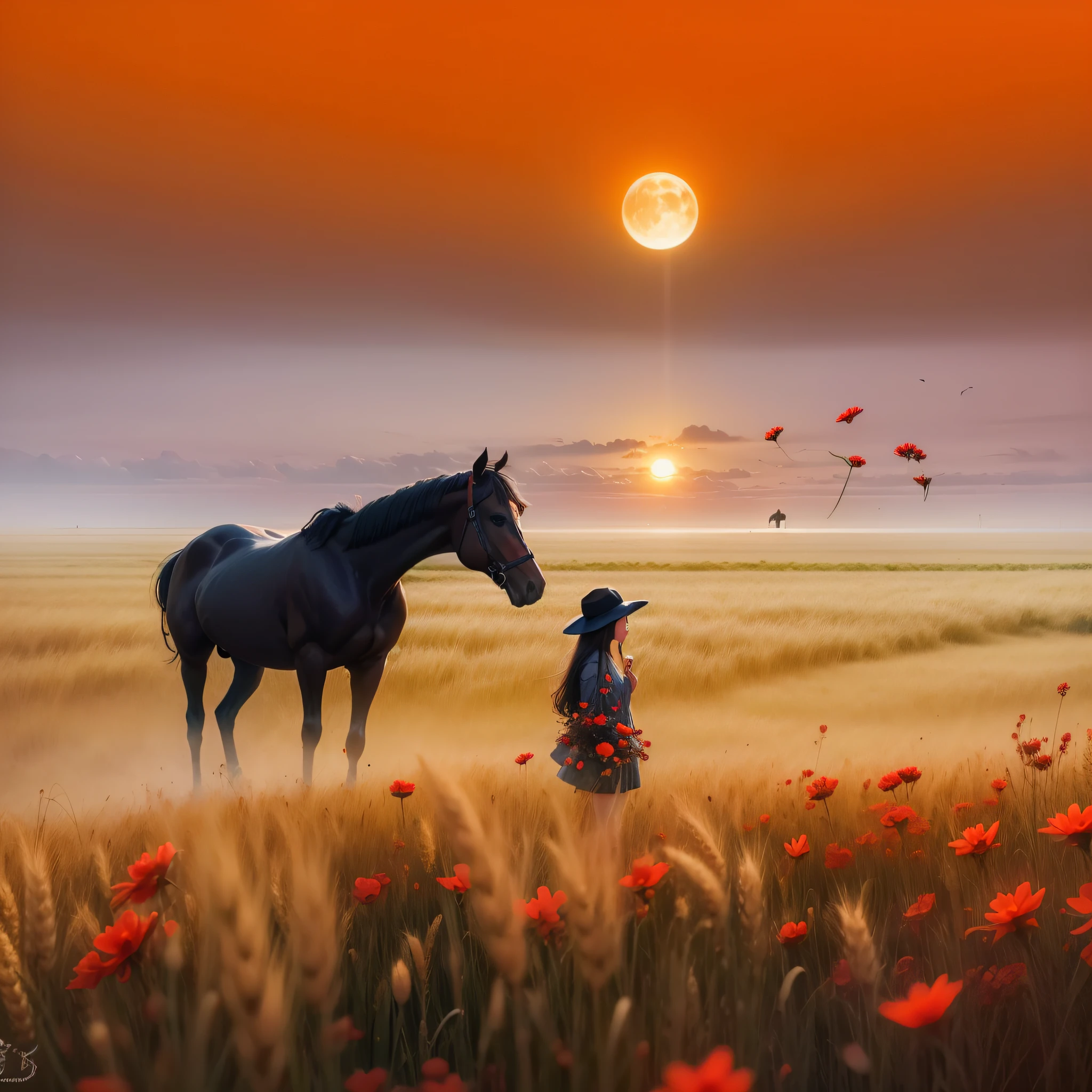 A girl in a field of wheat with small red flowers with a horse and a moon of the sun setting in the sea --auto