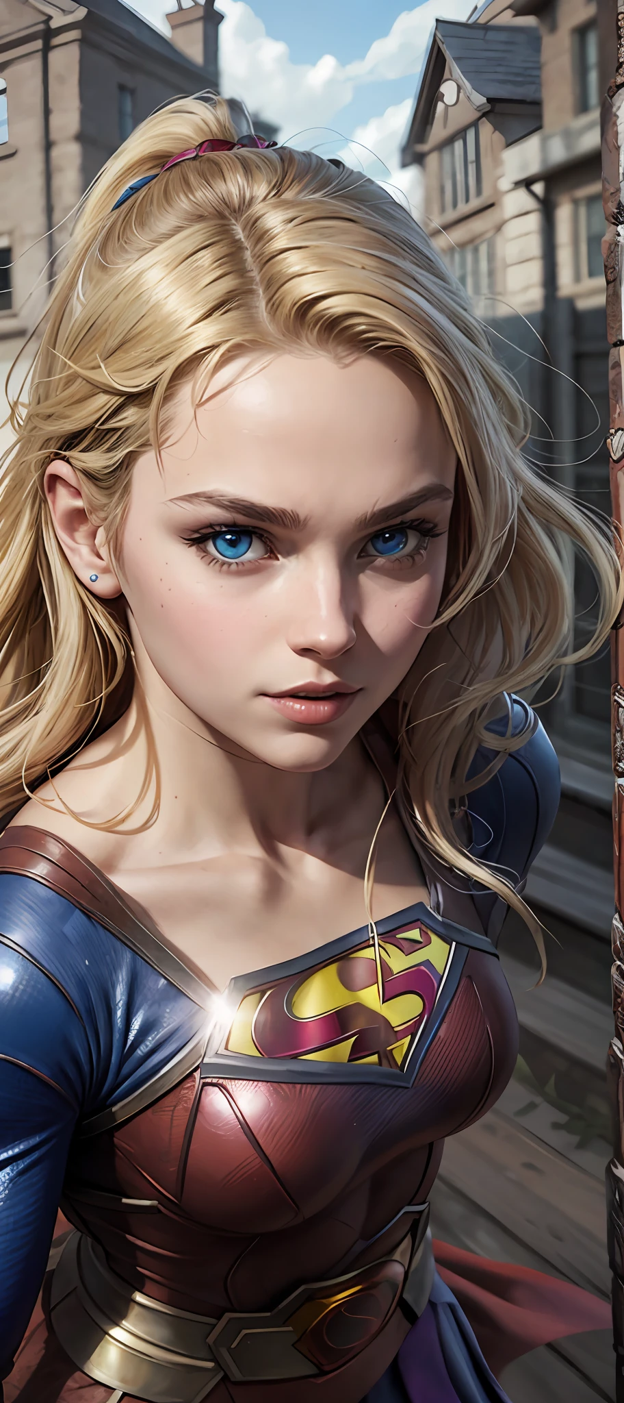 "Supergirl's masterpiece of art complete, high quality, ultra detailed in 4k, 8k, high resolution, hyper-realistic photo, hyper-detailed, realistic skin texture, amazing shadows, extremely detailed texture, perfect lighting, high-level image quality." A female superheroine, inspired by x-man, Fair skin, blond hair, outlined blue eyes, outlined face, bracelet, Full body, Nice super hero clothes, in the florest, outside a mansion, symbol S of superman. --auto --s2