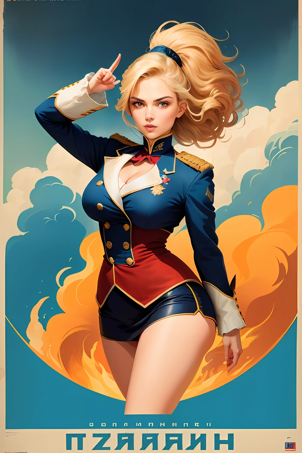 tunningly beautiful Alina Kabaeva face whit Lisa Ann body in her 20, Russian empire poster, Russian empire poster, Russian empire Flag in background, Russian empire Poster, Russian empire poster, (blond hair holding up her hand in the air) propaganda Poster, poster, Russian empire flag on pole, blue sky , military uniform, , solo, good body, Poster design, poster art style. 1780s, 1850s, 1860s, basic colour scheme, Very colourful poster, colour art, thirds rule, inspiring, general, military officer, woman, hair blowing in the wind, revolutionary, pointing with finger, red square backdrop, thick legs.
