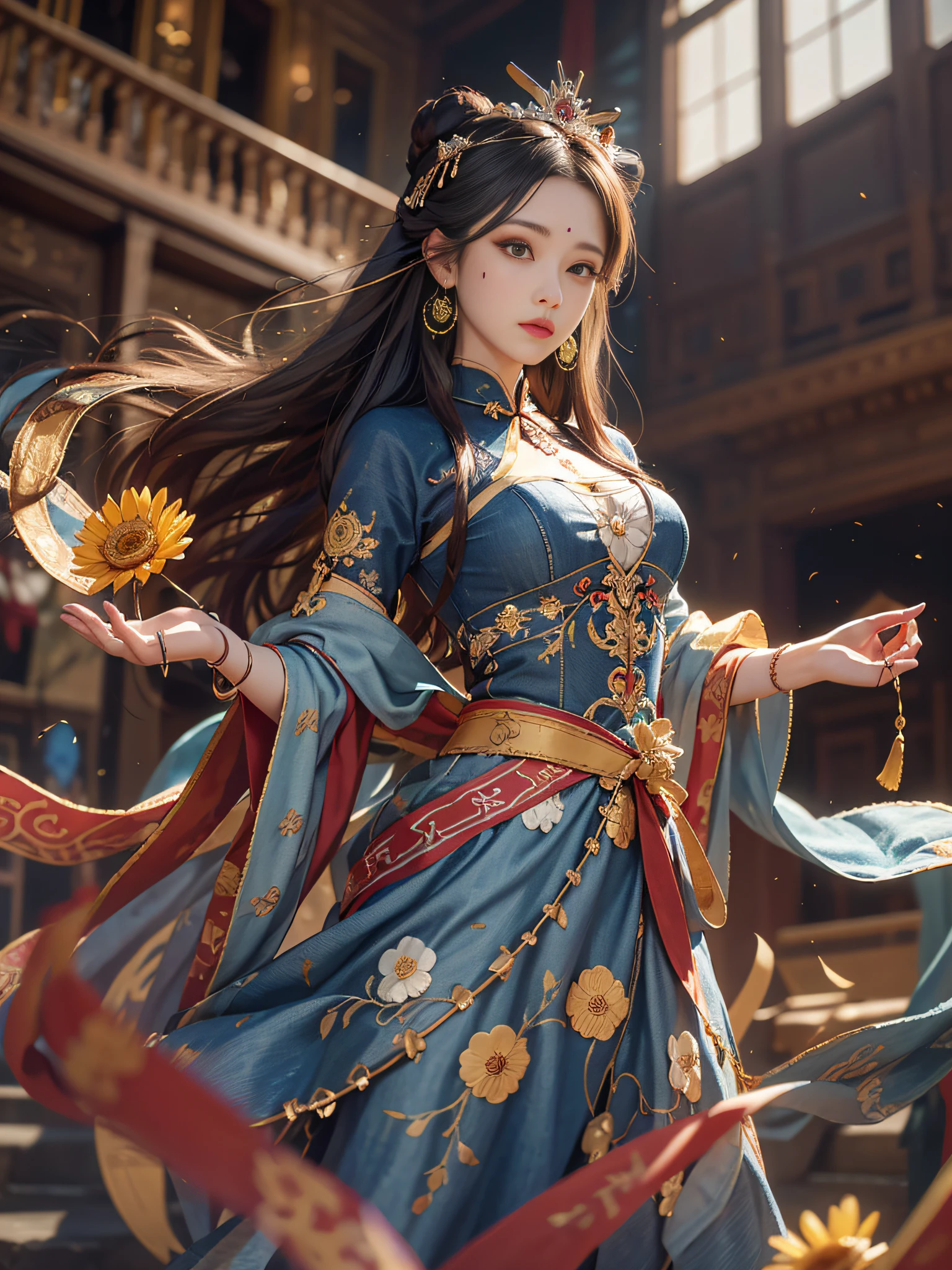 Best Quality, Masterpiece, Ultra-Detailed High Resolution, (Realistic: 1.4), Original Photo, , Illustration, 1 Girl, Handheld Weapon, (Solo Exhibition: 1.2), (Denim Lens: 1.2), (Hair Crown: 1.2), Chinese Dunhuang Traditional Costume, No Straps, (Red Eyeliner: 1.2), (Black Eyes: 1.4), Earrings, Dynamic Angle, Opera House, messy_long_hair, Ink, Movie Lights, lens_flare, Velvet, Chrysanthemum, Tassels, Ribbon, colorful embroidery, upper body, facing the camera, dynamic pose, large chest, embroidered cloth shoes