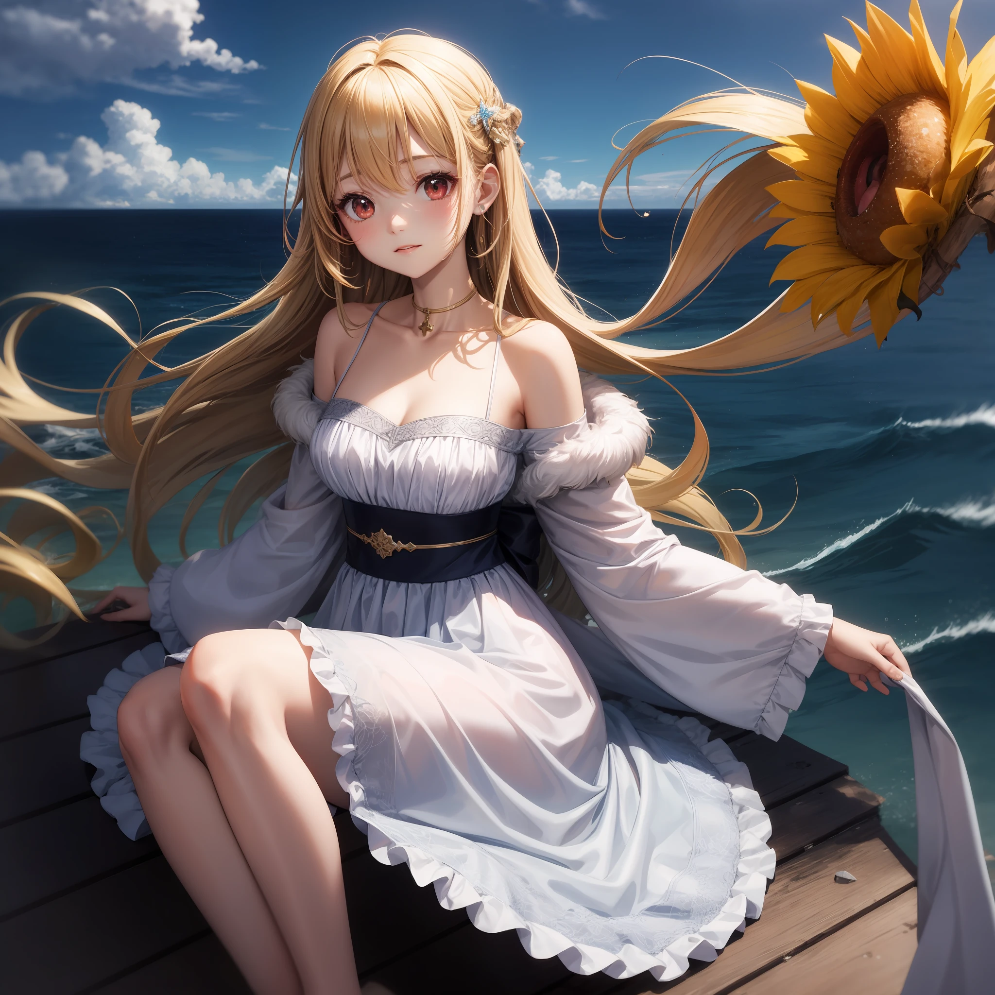 animated cartoon、One beautiful blonde girl、red eyes、Fluffy dresses、off shoulders、the ocean