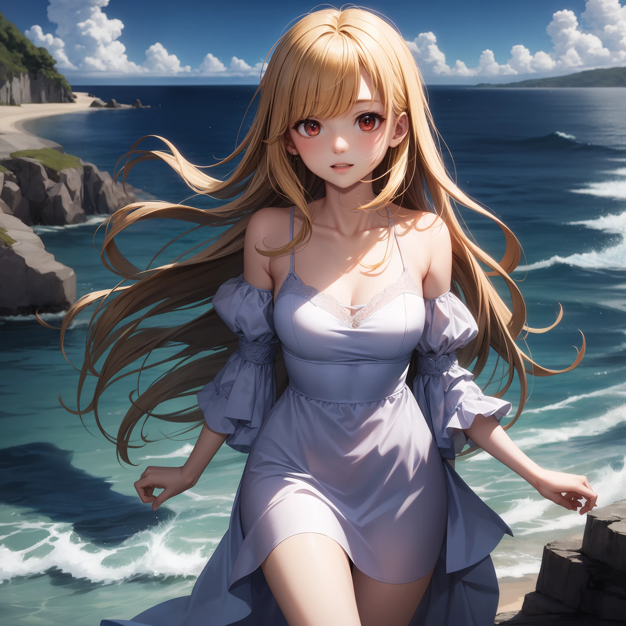 animated cartoon、One beautiful blonde girl、red eyes、Fluffy dresses、off shoulders、the ocean