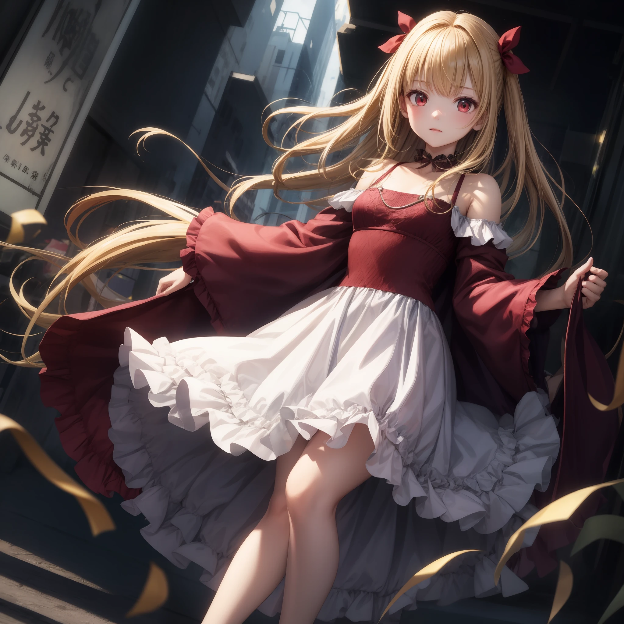 animated cartoon、Blonde girl with red eyes、solo、Ruffled dresses