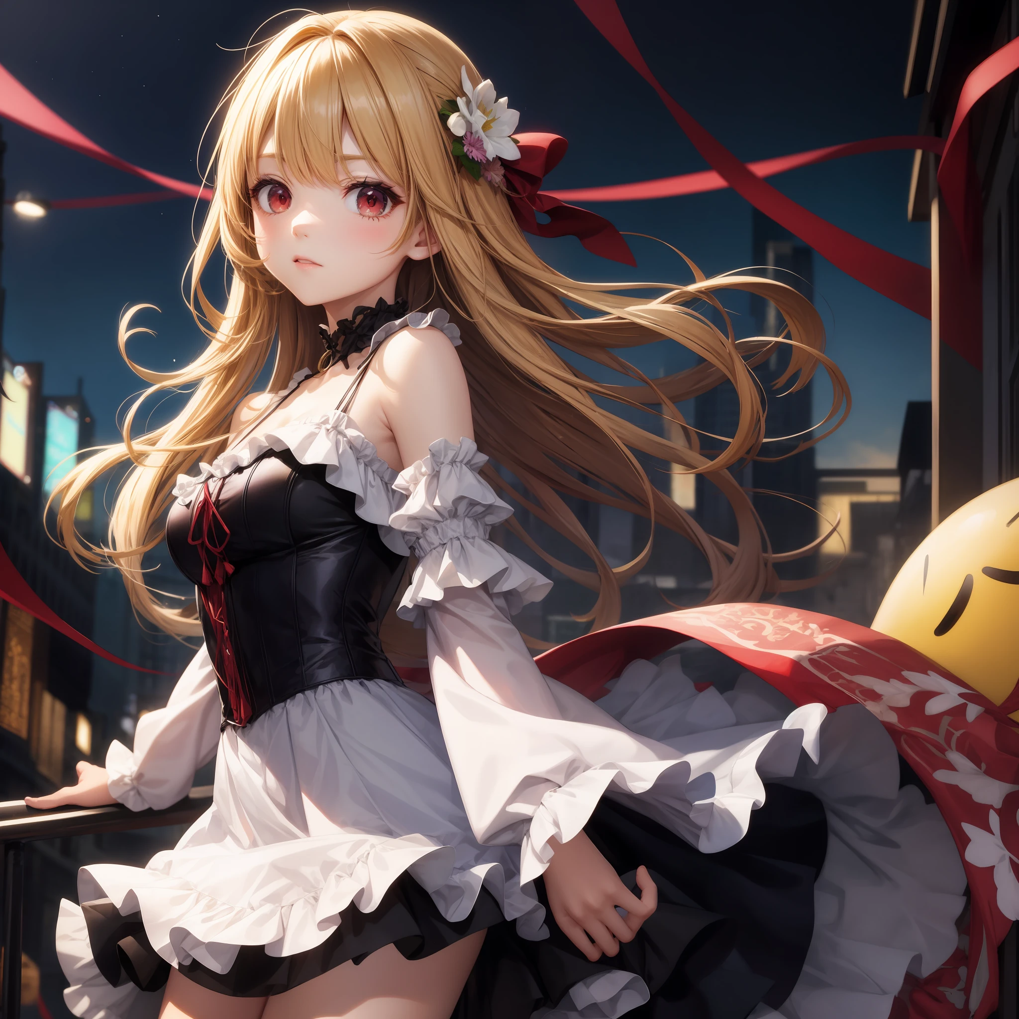 animated cartoon、Blonde girl with red eyes、solo、Ruffled dresses
