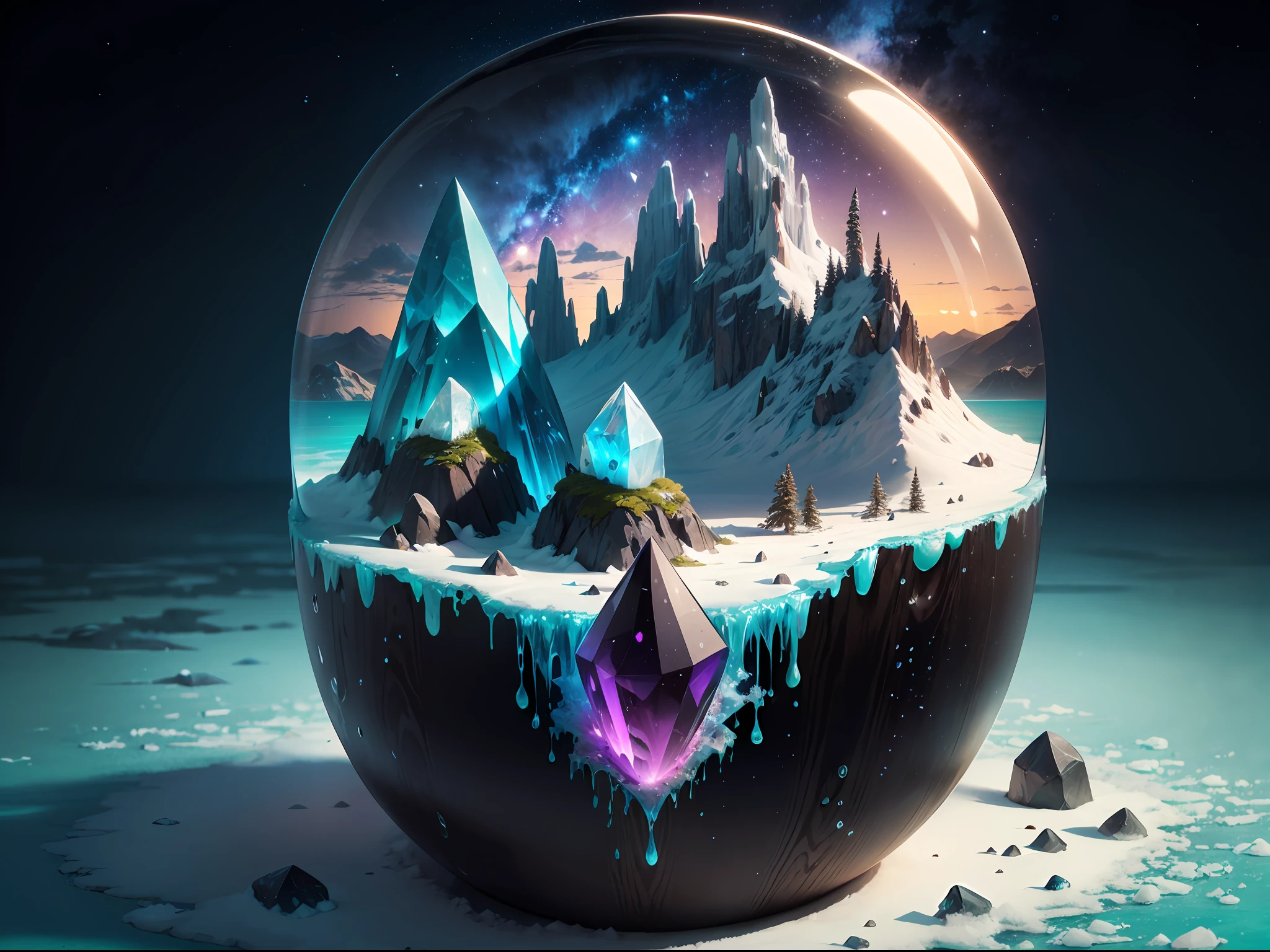 mountains, gem carving with obsidian base, frozen moon, ice fractures, crystalline growths, hail, geodes, ruby indents, sapphires, amethyst, peridot layering, emeralds, underwater, bubbles, bubbles containg stars, scenery, (no humans)