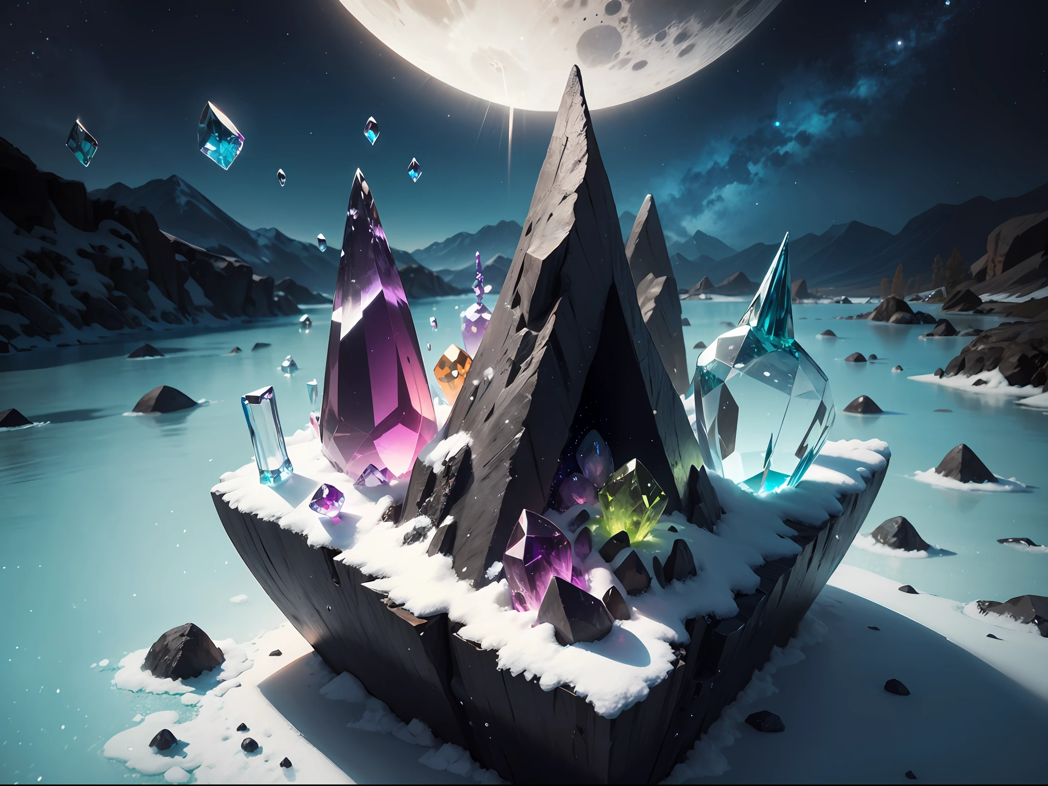 mountains, gem carving with obsidian base, frozen moon, ice fractures, crystalline growths, hail, geodes, ruby indents, sapphires, amethyst, peridot layering, emeralds, underwater, bubbles, bubbles containg stars, scenery, (no humans)