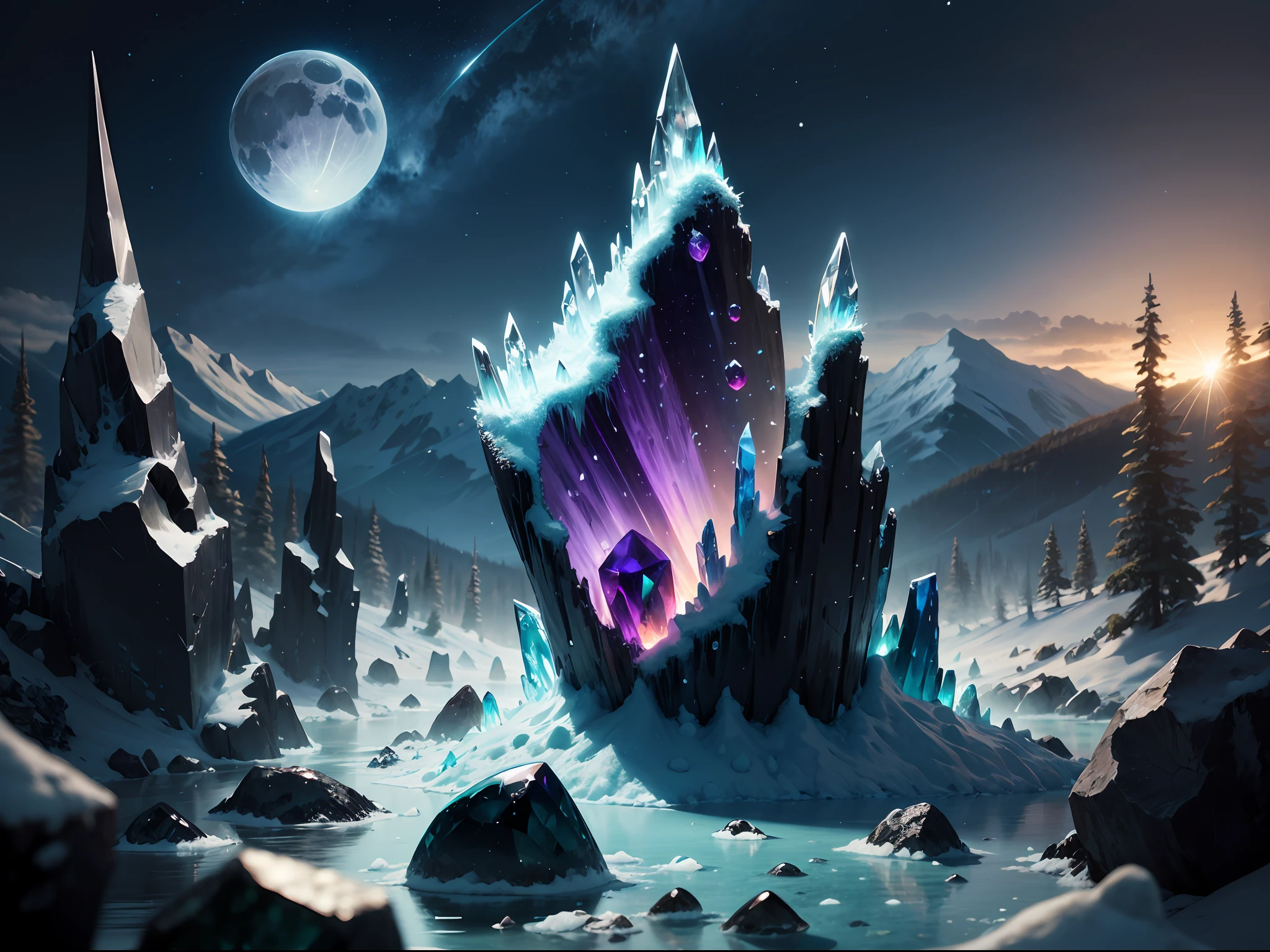 mountains, gem carving with obsidian base, frozen moon, ice fractures, crystalline growths, hail, geodes, ruby indents, sapphires, amethyst, peridot layering, emeralds, underwater, bubbles, bubbles containg stars, scenery, (no humans)