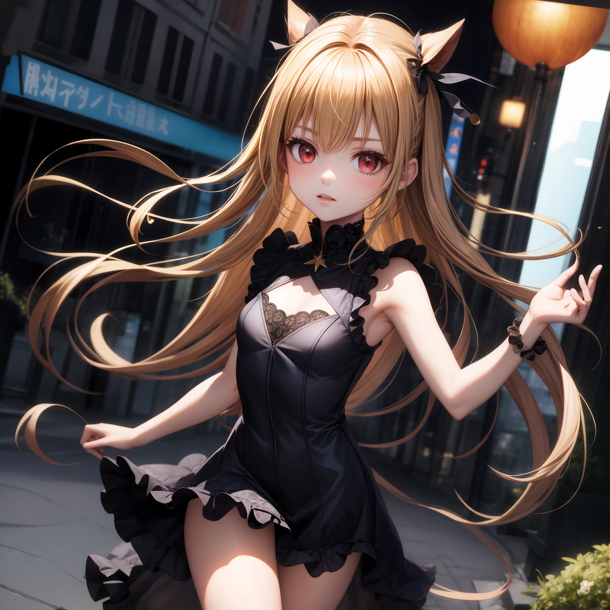 animated cartoon、Blonde girl with red eyes、solo、Ruffled dresses