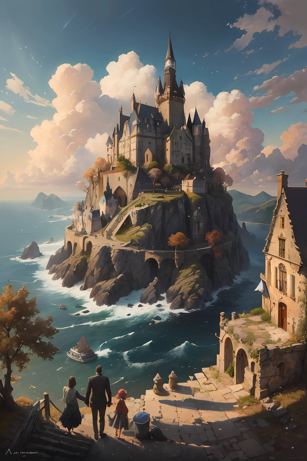 dreamlikeart absurdres highres masterpiece best quality
Alois Arnegger Antoine Blanchard
town castle in the sky with two lovers on the stairs, forest sea sky clouds