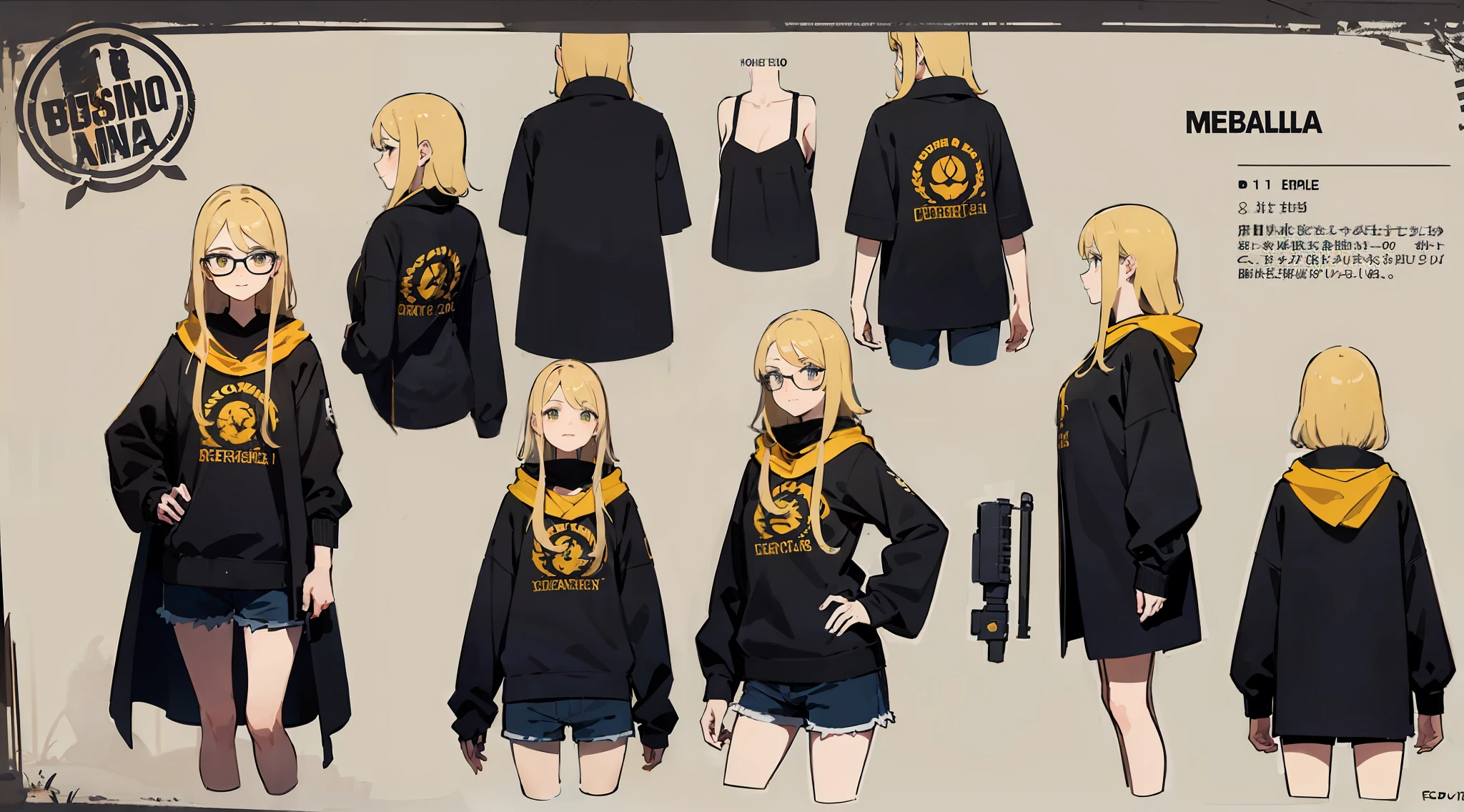 ((obra maestra)),(((mejor calidad))),(character design sheet,mismo personaje,frente,lateral,espalda,arriba , abajo), 1girl, solo, cabello rubio, lentes transparentes,ojos amarillo, obra maestra, tetas medianas, mejor calidad, mirando alrededor, cuerpo completo, 149cm de altura, detallado, sonriente, blusa negra con amarillo y un logo de una luna media de color amarilla, shorts azul oscuro, flechas negras como armas , arte conceptual, arte conceptual del personaje, boceto del personaje, hoja de referencia, hoja de personaje, (fondo simple, fondo blanco: 1.3)