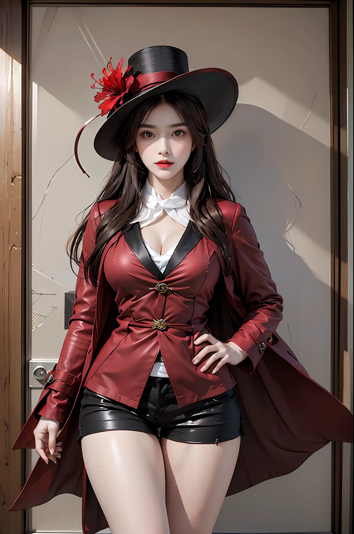 photorealistic, high resolution, 1 girl, hips up, long hair, beautiful eyes,hat_flower, top hat, brown_hair, closed_mouth, hibiscus, red_rose, spider_lily, bangs, brown dress coat, button coat, shorts, thick thighs, hu tao \(genshin impact\