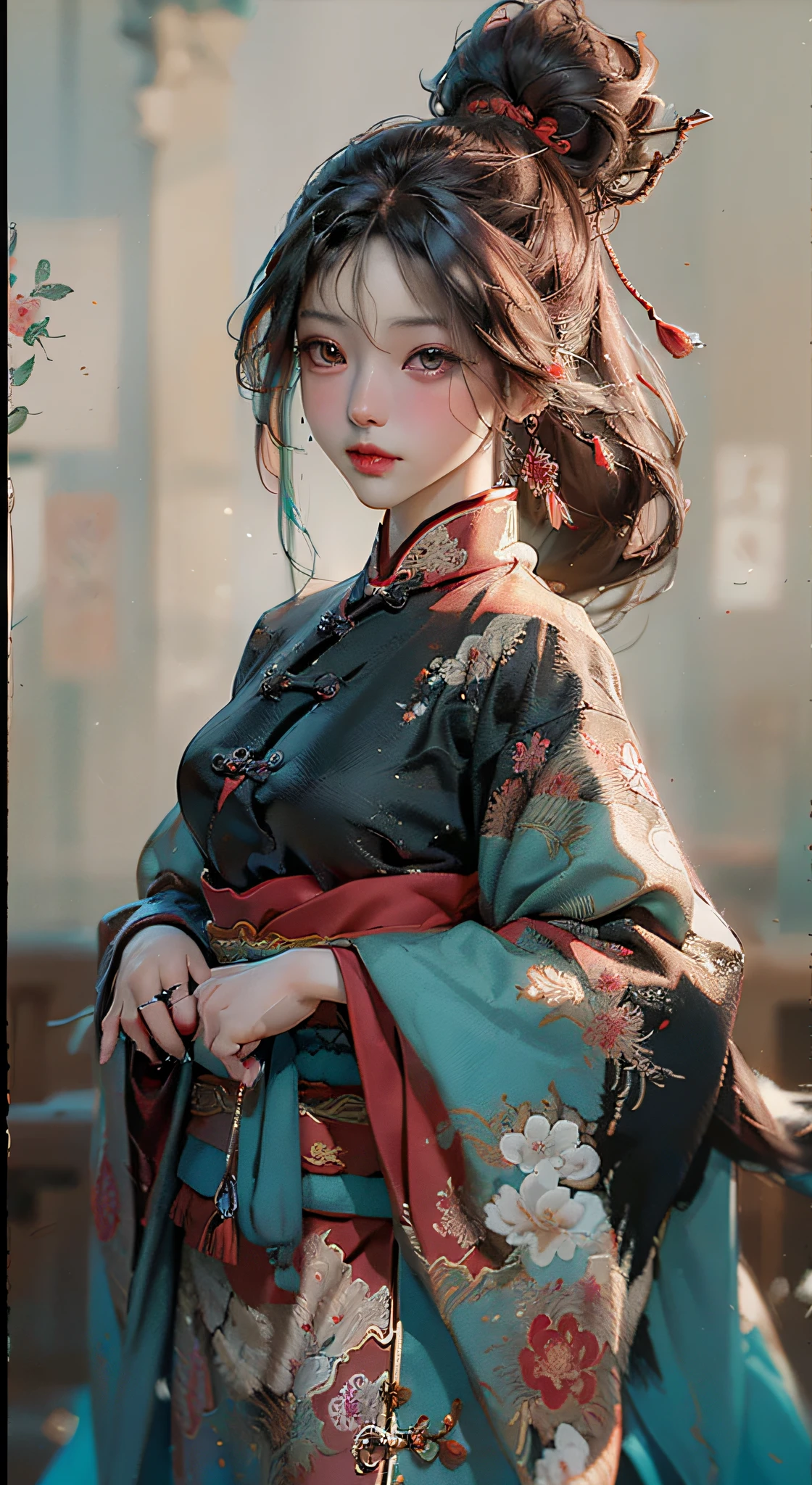 Painting, ((Chinese color ink)), (((Chinese color ink painting style))), (((masterpiece))), (bestquality))), ((super detailed, very accurate and detailed)) ), (1girl, solo, Yue Zhengling, delicate beauty))), (Gone with the wind), (Illustration), (stunning), (absurd), ((sharp focus)), ((very fine)), ((high saturation)), (surrounded by splashes of colored ink), ((( Extremely detailed body)), ((colorful)), ultra-wide angle, magical, dynamic movement, concept art, devil's figure,