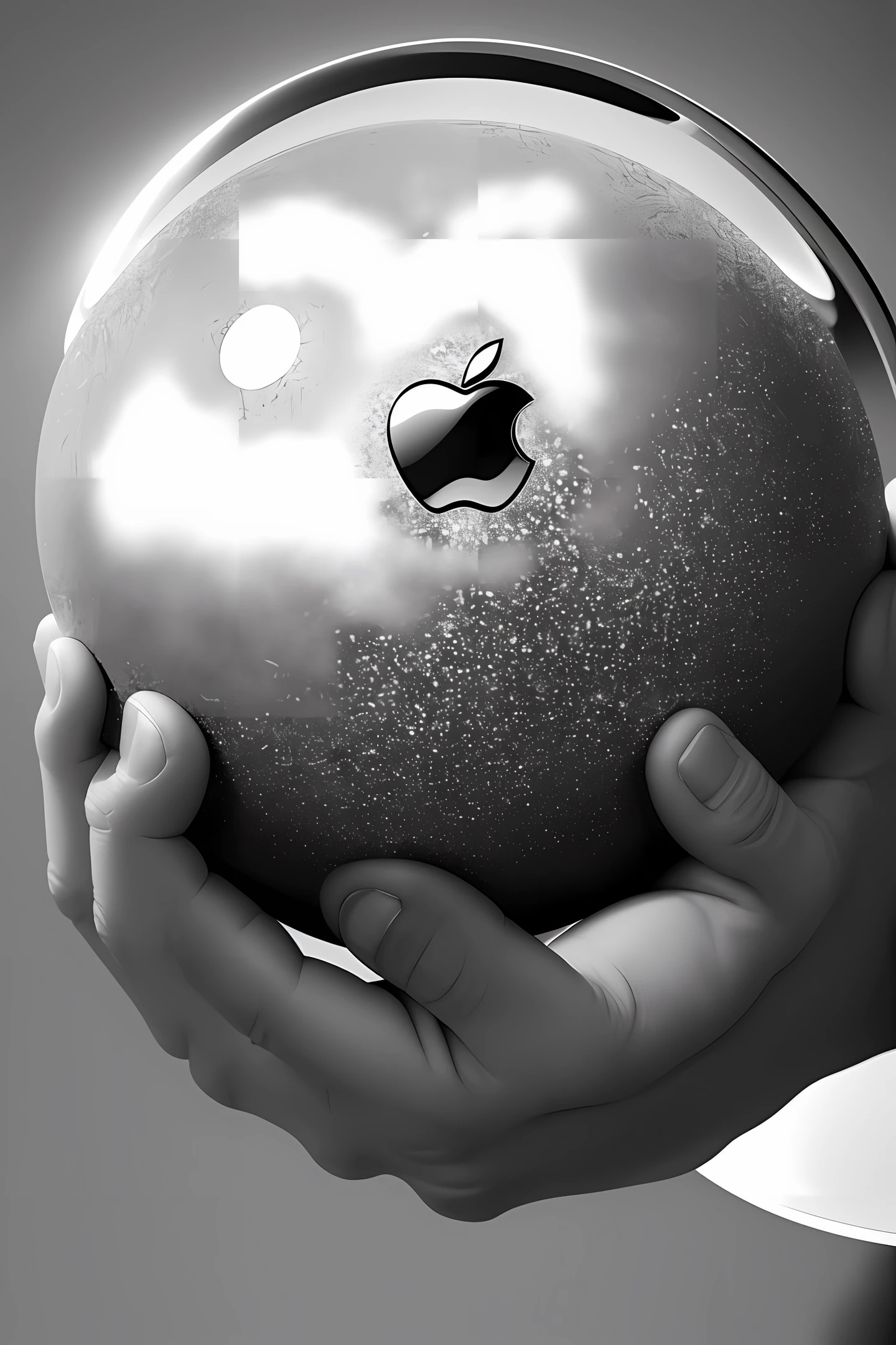 futuristic black and white Apple image and an executive holding a globe in his hand