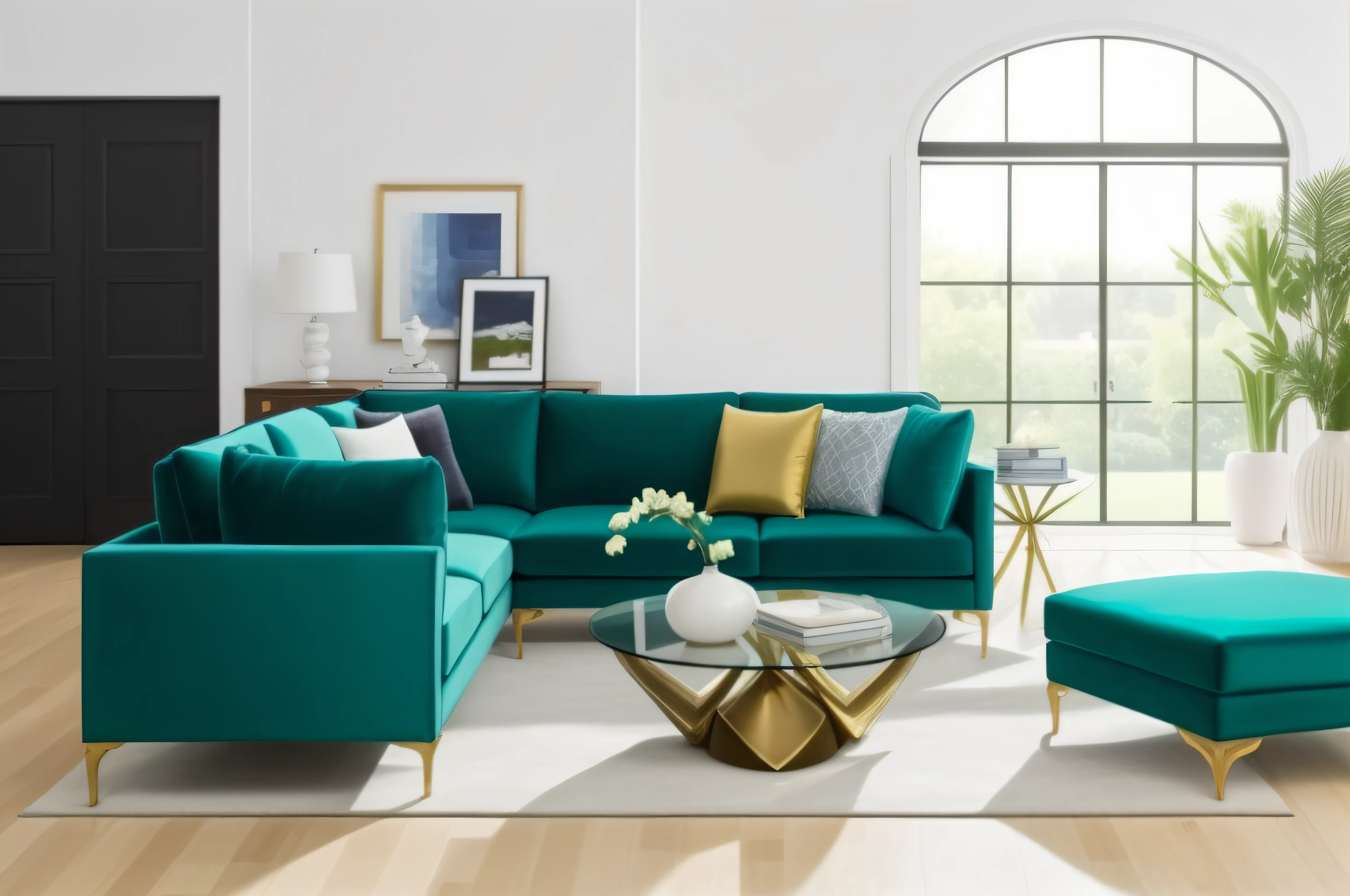 a close up of a living room with a couch and a chair, dark teal couch, gold and teal color scheme, velvet couch, furniture and decor, monochromatic teal, turquoise gold details, bold complementary colors, placed in a large living room, curved furniture, bold complementary colors, sofas, eclectic, teal white gold color palette, vivy, liveroom