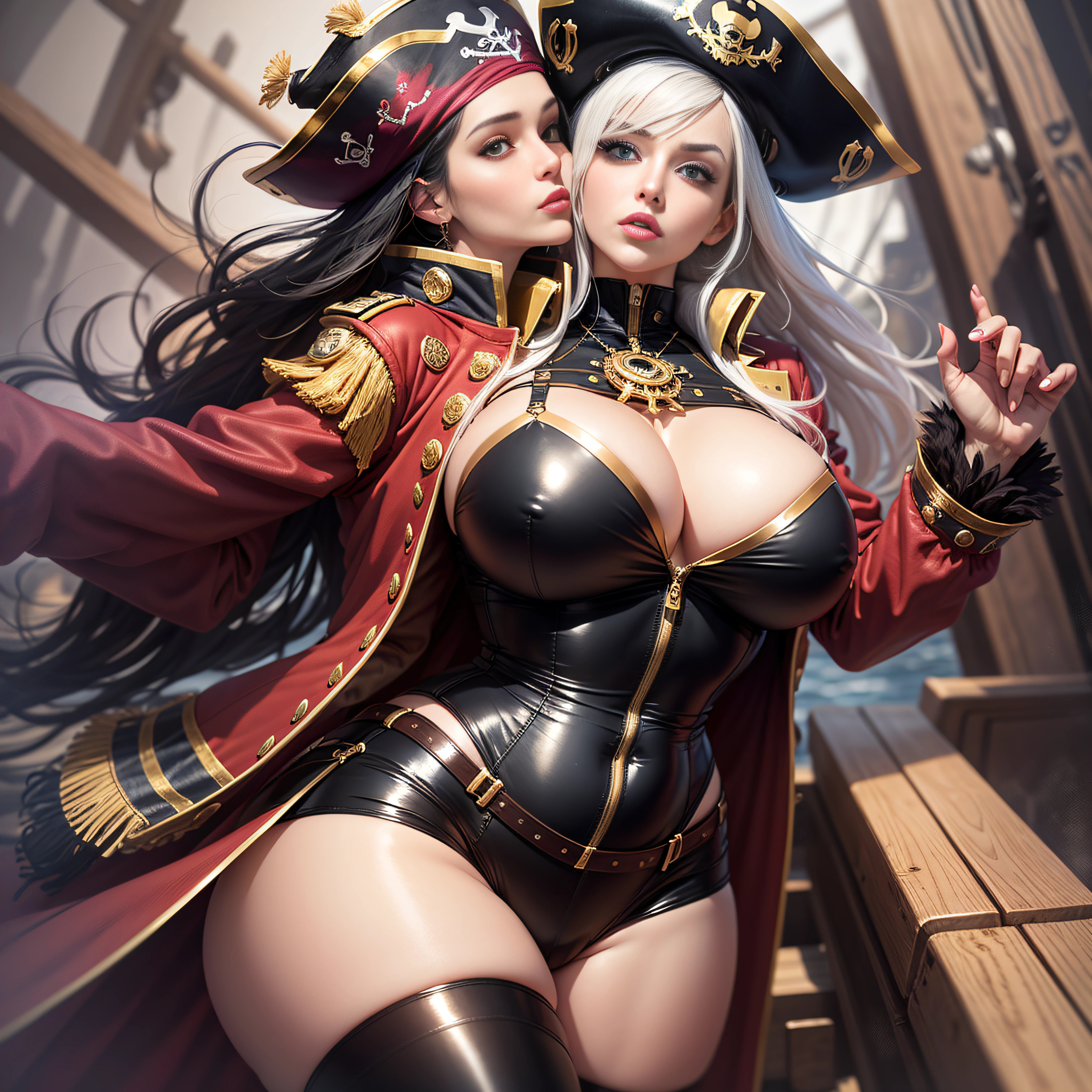 pirate captain outfit with pirate hat, red jacket with gold tassels, white frilly blouse, black pants, brown thigh high boots, eye patch, massive breasts, massive hips, massive thighs, massive calves, slender waist, hourglass figure, shiny black pantyhose, piloting a wooden ship, detailed eyes, leggings, kissing each other, 4K high resolution