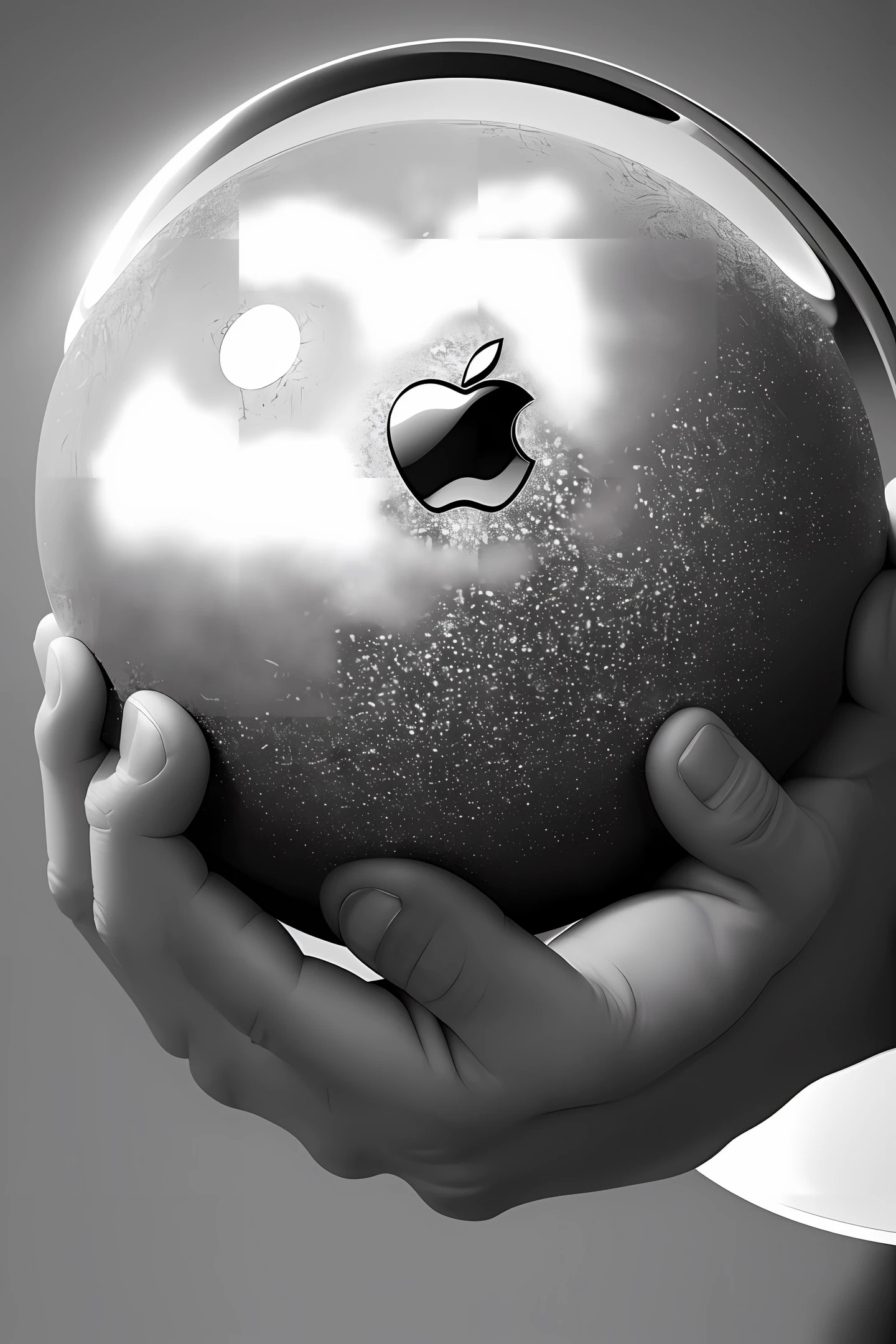 futuristic black and white Apple image and an executive holding a globe in his hand