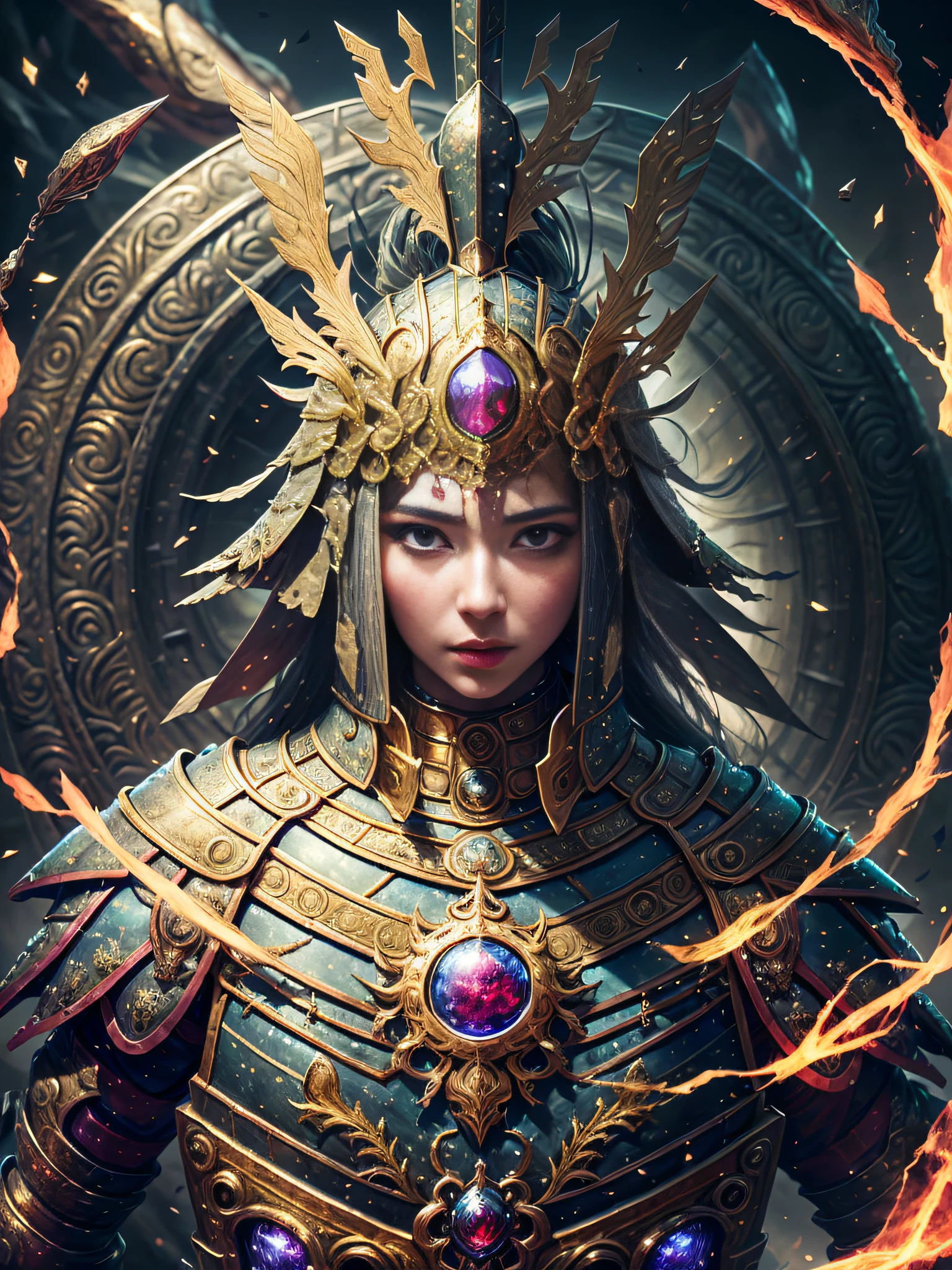 V0id3nergy,巨作,Best quality,High detail,Epic detail,hyper qualit,8K,illusory engine,Sophisticated,ultra detali,Hora de Ouro,realisticlying,highcontrast,A detailed,Hyper-detailing,realistic skin textures,best quailty,Super-High Resolution,OriginalPhoto,Dramatic lighting,Diffuse luminescent complex golden Eaba,Extremely beautiful adult woman,A beautiful face,Spears and shields,