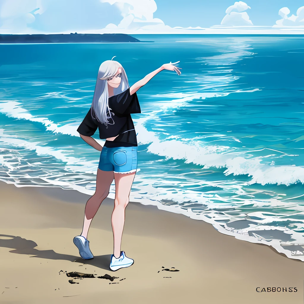 4k mulher, na praia, olhos azuis, peito grande, bunda grande, usando saia preta, blusa preta, white sneakers, cabelos longos, cabelo loiro