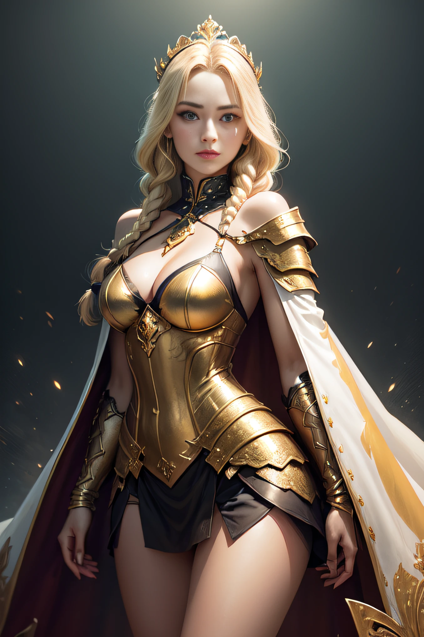 Blonde haired woman with braids, (medieval punk green neckline armor). Bright chrome gold lingerie with sharp reflections. Gems. Bare shoulders. (tiara). Low muscle definition. Beautiful legs. Bare shoulders visible. Detailed lighting. Artwork. Extreme beauty. Clothing with intense colored gradient effect. Professional image with high saturation. Professional camera. Illustration. Vibrant colors. vibrant yellow eyes, thin, fur cape, bright golden eyes, symmetry, intense look, black details on clothes, golden aura