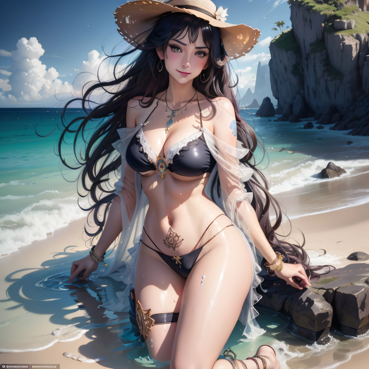 (masterpiece: 1.2, best quality), (full body), See-through clothing, wide-brimmed hat, strappy sandals, Accessories: shell necklace, Hair: loose beach waves, Makeup: natural, glowing skin, Demeanor: relaxed , carefree, free-spirited, Location: beach, resort, open-air festival, beautiful small tits, full body, Jean-Baptiste Monge style, close-up, beautiful woman in the water on the beach, splashes, magic lights, WLOP , Artgerm and James Jean , by Pascal Blanche Rutkowski, Repin Artstation, Art of Aquirax, 8k, epic, sharp focus, hyper realistic painting, detailed character design concept art, matte painting, beautiful Caucasian girl closeup full body painting oil painting, reddish stormy sunset sky, rough abstract waves, concept art, skin wet with water, water drops, bubbles and wavy foam, digital art, glowing, cinematic, perfect glowing big eyes, filigree, surreal, fantasy , goddess of the sea, volumetric lighting", "Best Quality" , "Masterpiece, Sakimichan-style girl art, slight smile, pubic hair view, 1 sexy girl in transparent beachwear, bare breasts, open transparent T-shirt, tattoos of mandala and flowers, best quality, long curly black hair, long cascading hair, long curly hair, transparent bikini, black bikini, beautiful girl in short bikini beautiful pubic sight,