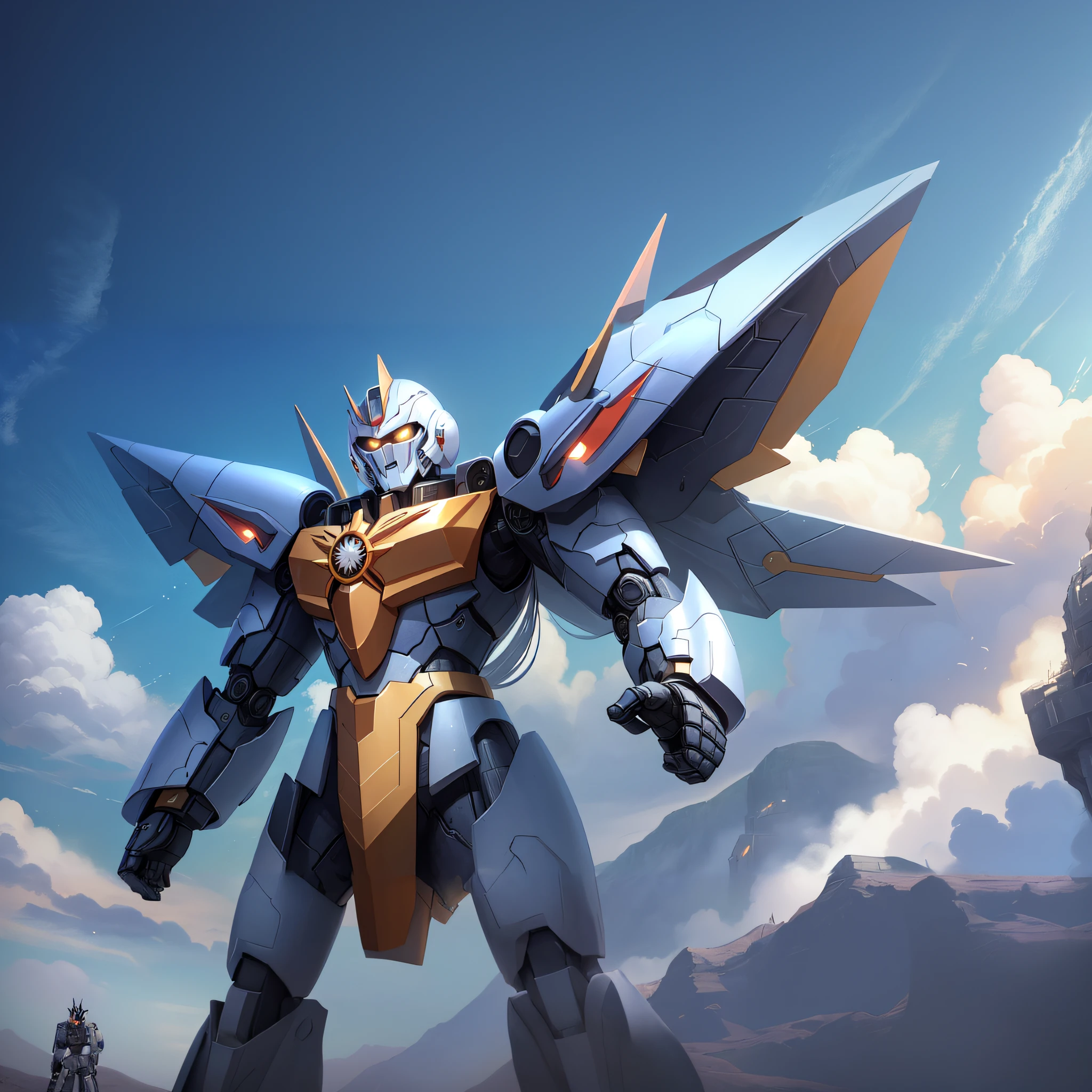 araffe standing in front of a mountain with a sky background, Mobile Suit, anime large mecha robot, super robot wars, mecha art, Alexander Ferra Mecha, modern mecha anime, cool mecha style, Mecha wings, mecha anime, # Mecha, gundam wing style armor, barbatos mobile suit, Mecha