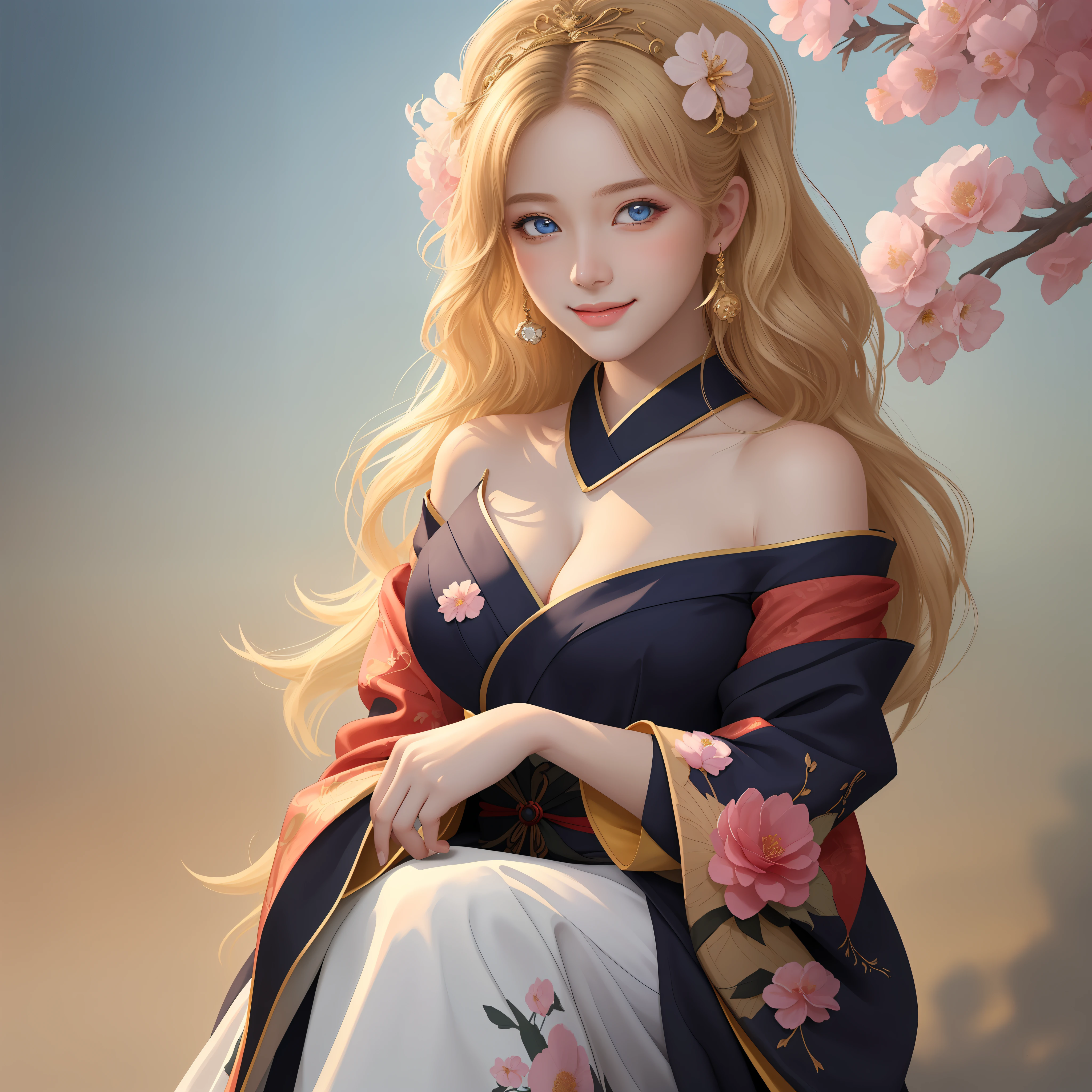 (巨作, Best quality), (Detailed beautiful eyes), (Detailed eyes and detailed face), (Beautiful clear background), (Extremely detailed CG, Super detailed, Best shadows), (( Depth of field)), beauty concept illustration, (illustration), (Extremely delicate and beautiful), (Perfect details), full body shot of a beautiful woman in a perfectly crafted dress, Red-black，golden trim, kimono with flowers 1girl , Flower, Big breasts, solo, hair adornments, Smile, komono, Blonde hair, Blue eyes, view the viewer, Cleavage, komono, Long hair, Bare shoulders, hair flower, bangs, Shut up, Blush, Bare shoulders, Ohashi Yeka