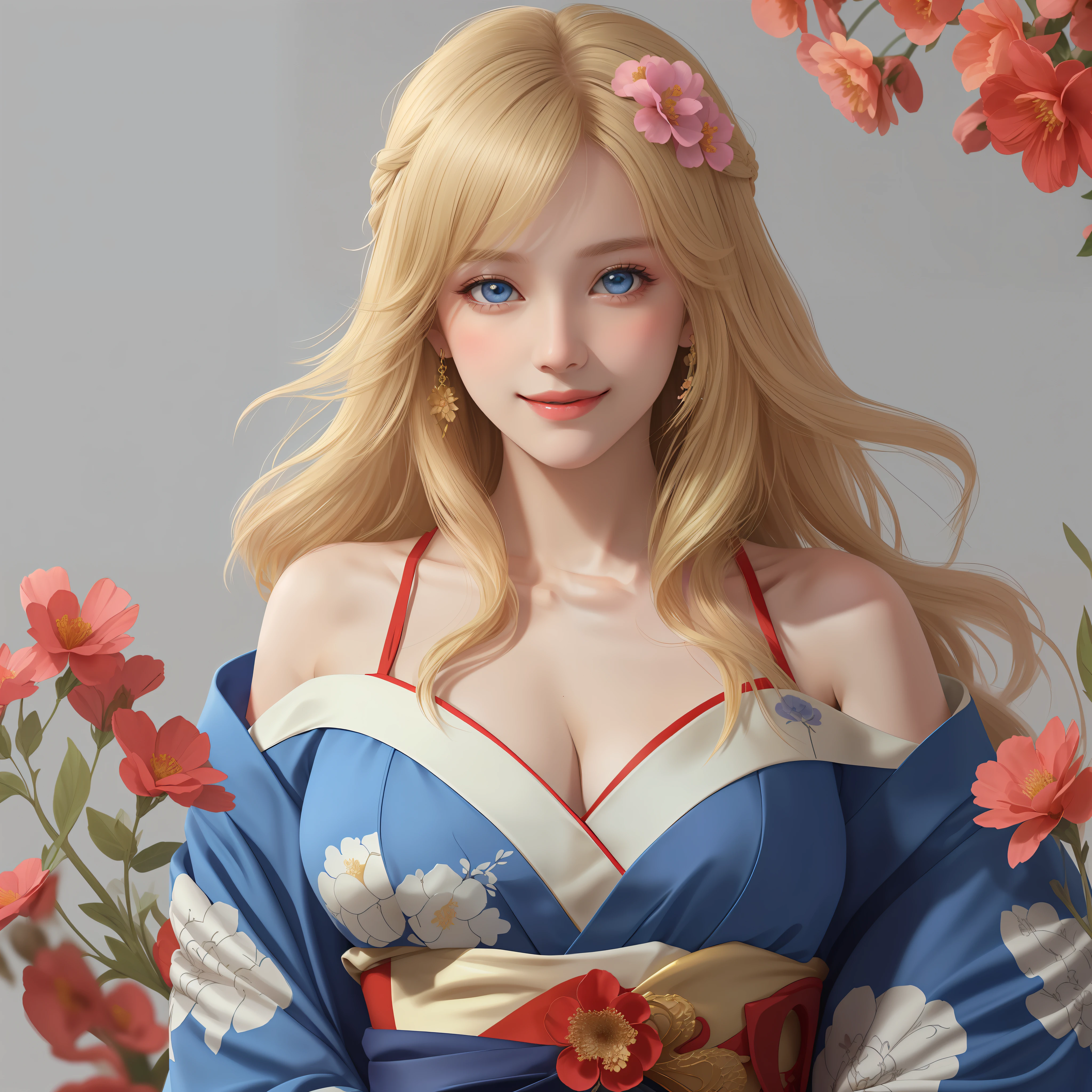 (巨作, Best quality), (Detailed beautiful eyes), (Detailed eyes and detailed face), (Beautiful clear background), (Extremely detailed CG, Super detailed, Best shadows), (( Depth of field)), beauty concept illustration, (illustration), (Extremely delicate and beautiful), (Perfect details), full body shot of a beautiful woman in a perfectly crafted dress, Red-black，golden trim, kimono with flowers 1girl , Flower, Big breasts, solo, hair adornments, Smile, komono, Blonde hair, Blue eyes, view the viewer, Cleavage, komono, Long hair, Bare shoulders, hair flower, bangs, Shut up, Blush, Bare shoulders, Ohashi Yeka