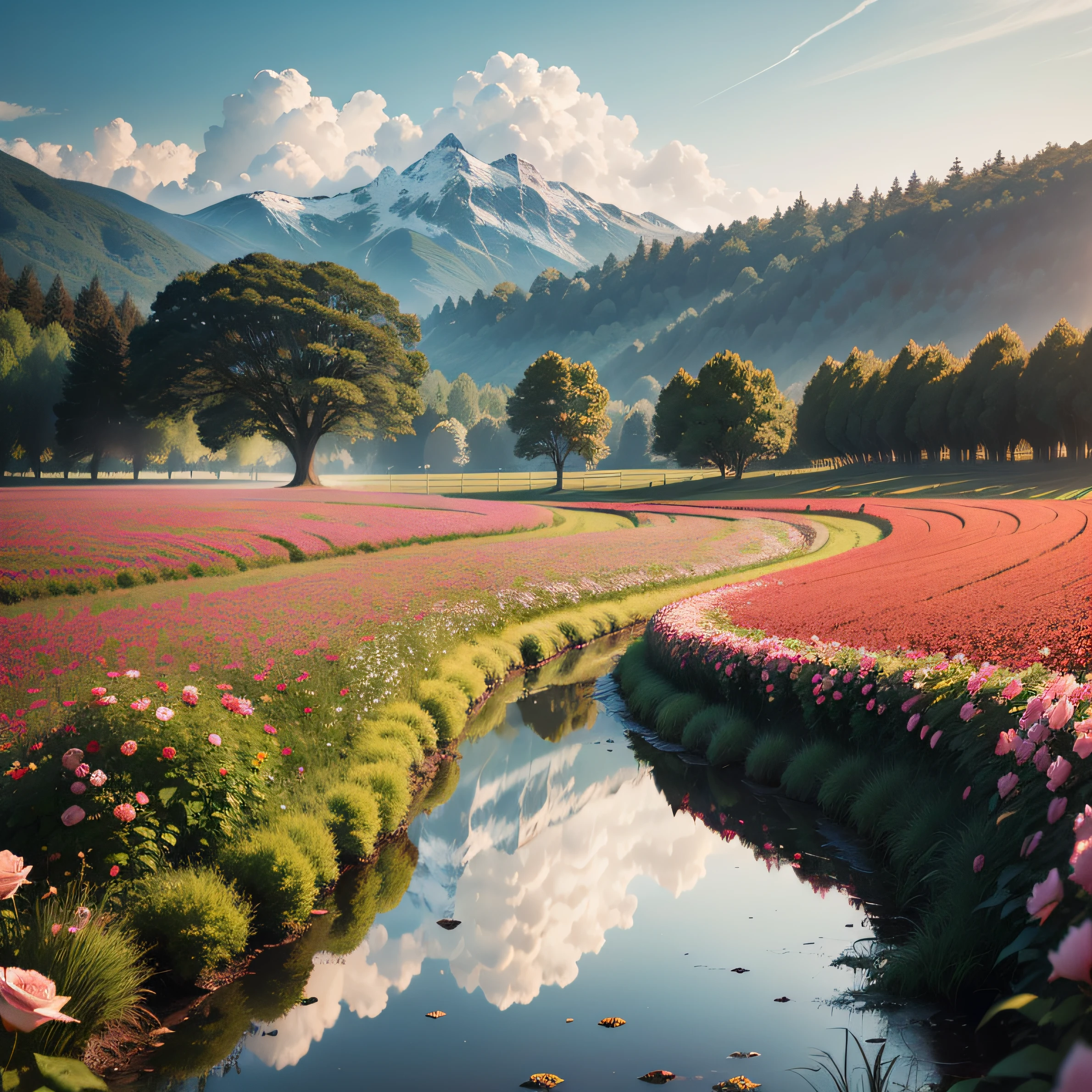 A beautiful field in the morning with vibrant roses, aconchegante, melhor qualidade, altamente detalhado, reflections traced by rays, 8k high resolution --auto